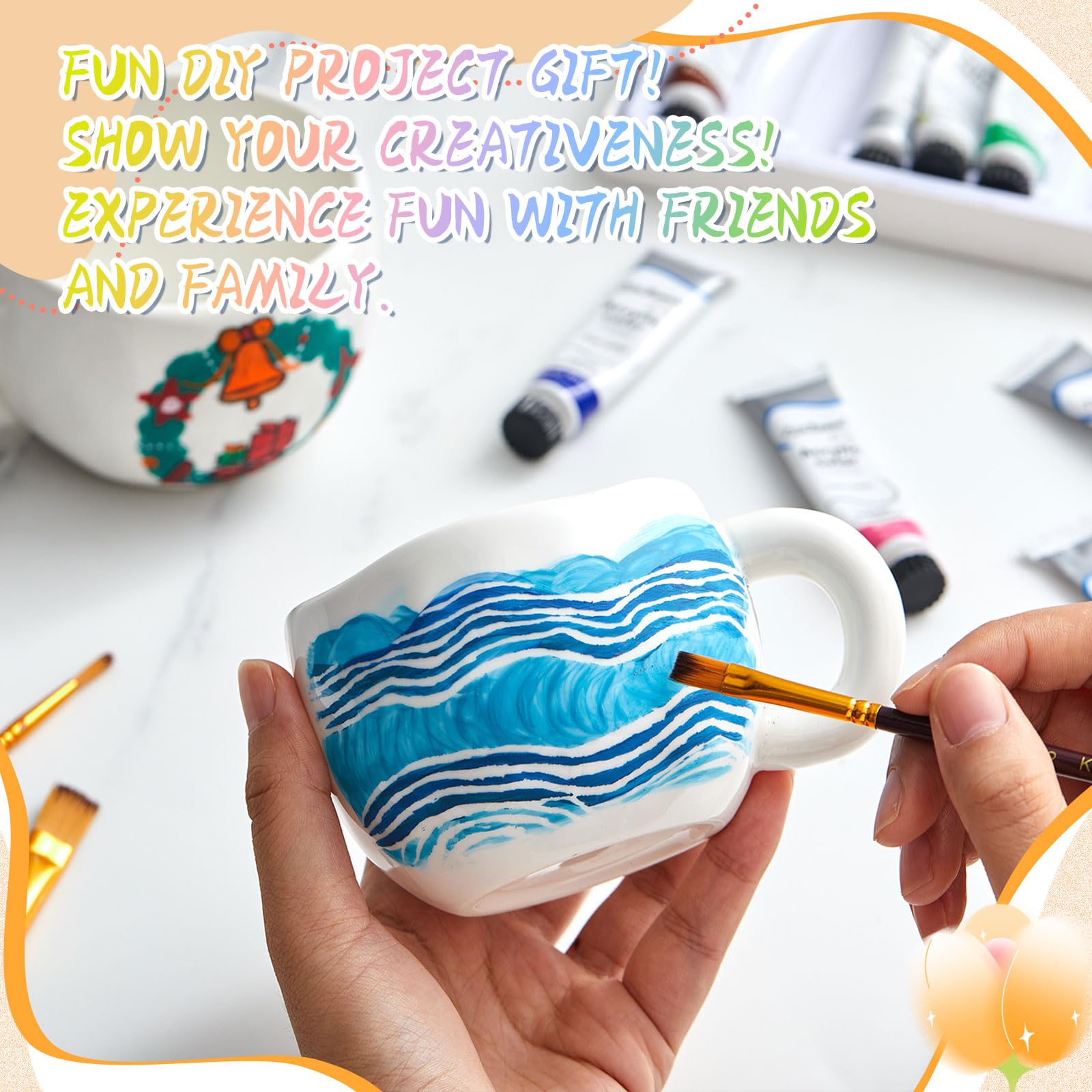 Sinmoe Set di Pittura su Tazza in Ceramica per Adulti 2 Tazze 12 Colori Ceramici 3 Pennelli 1 Tavolozza Regalo Mug Fai da Te Kit Bicchiere da Dipingere da Caffè per Compleanno Natale(Forma di Fiore)