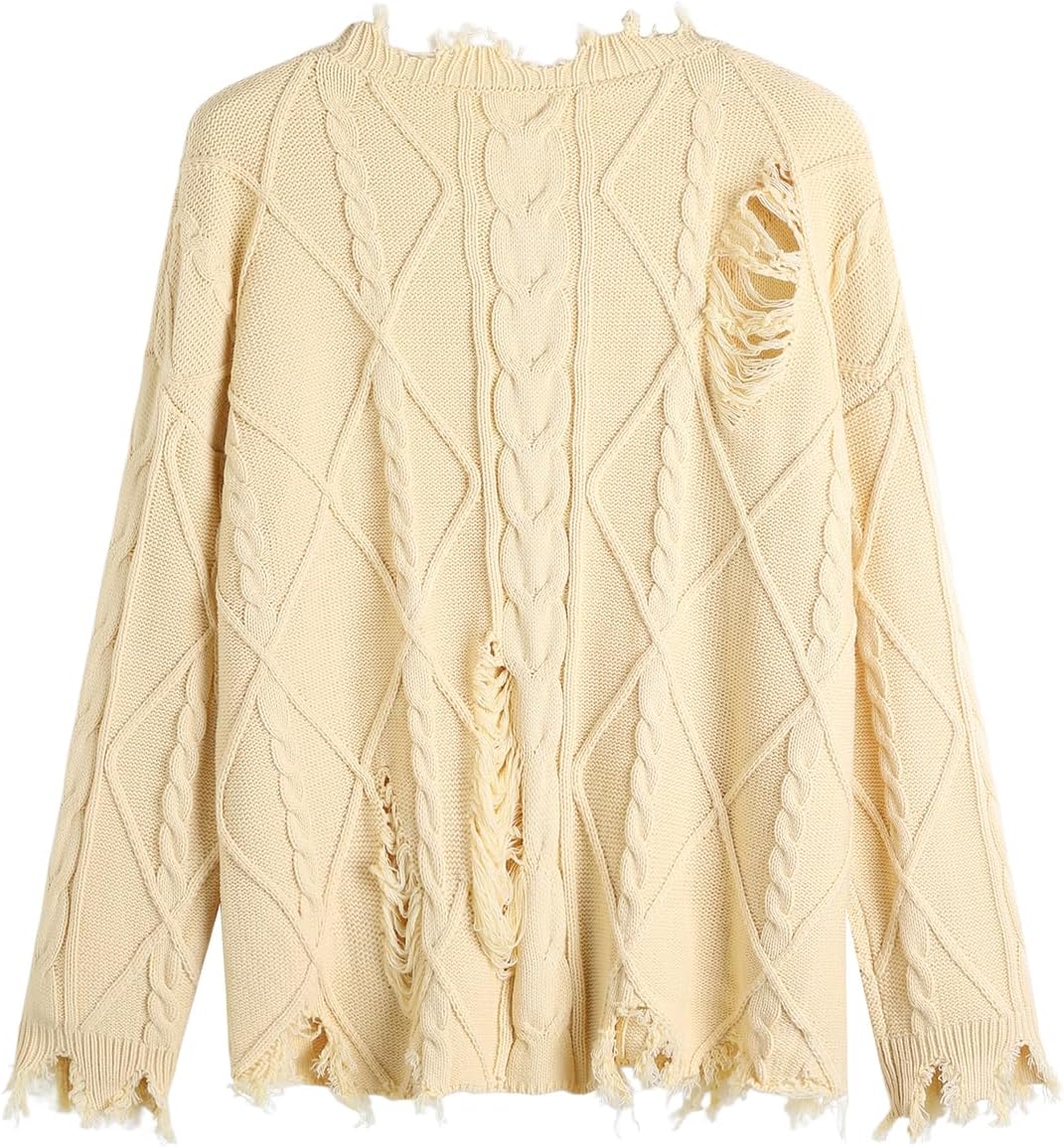GABERLY Oversized Distressed Cable Knit Sweater Pullover with Frayed Edges Vintage Style Fall Winter Knitwear for Women - Image 2