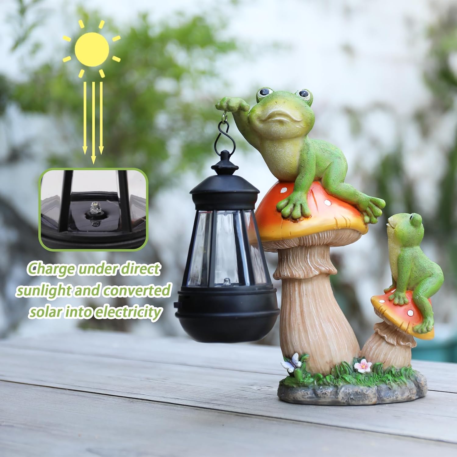 Garden Frogs Statue, Large Funny Frogs Figurine Climbing on Mushroom and Holding a Solar LED Lantern Resin Ornament for Patio Yard Lawn Porch Outdoor Decor, Women/Gardening Decoration Gifts