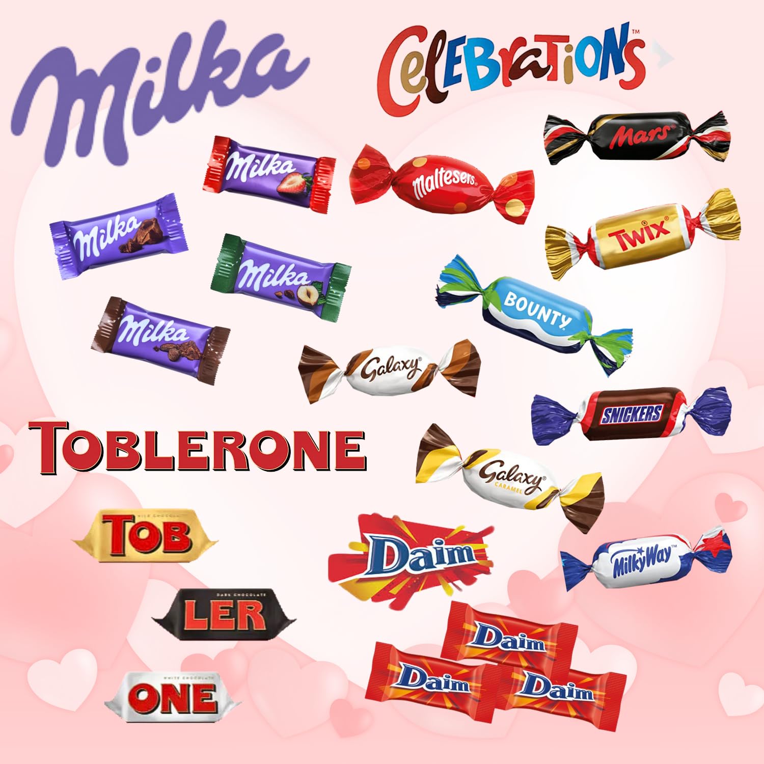 Coffret Gourmand et son assortiment de 60 chocolats Célébrations, Daim, Milka, Toblerone | Boîte "Je t’aime" Prête à Offrir pour la fête des Mères, la St Valentin, un anniversaire