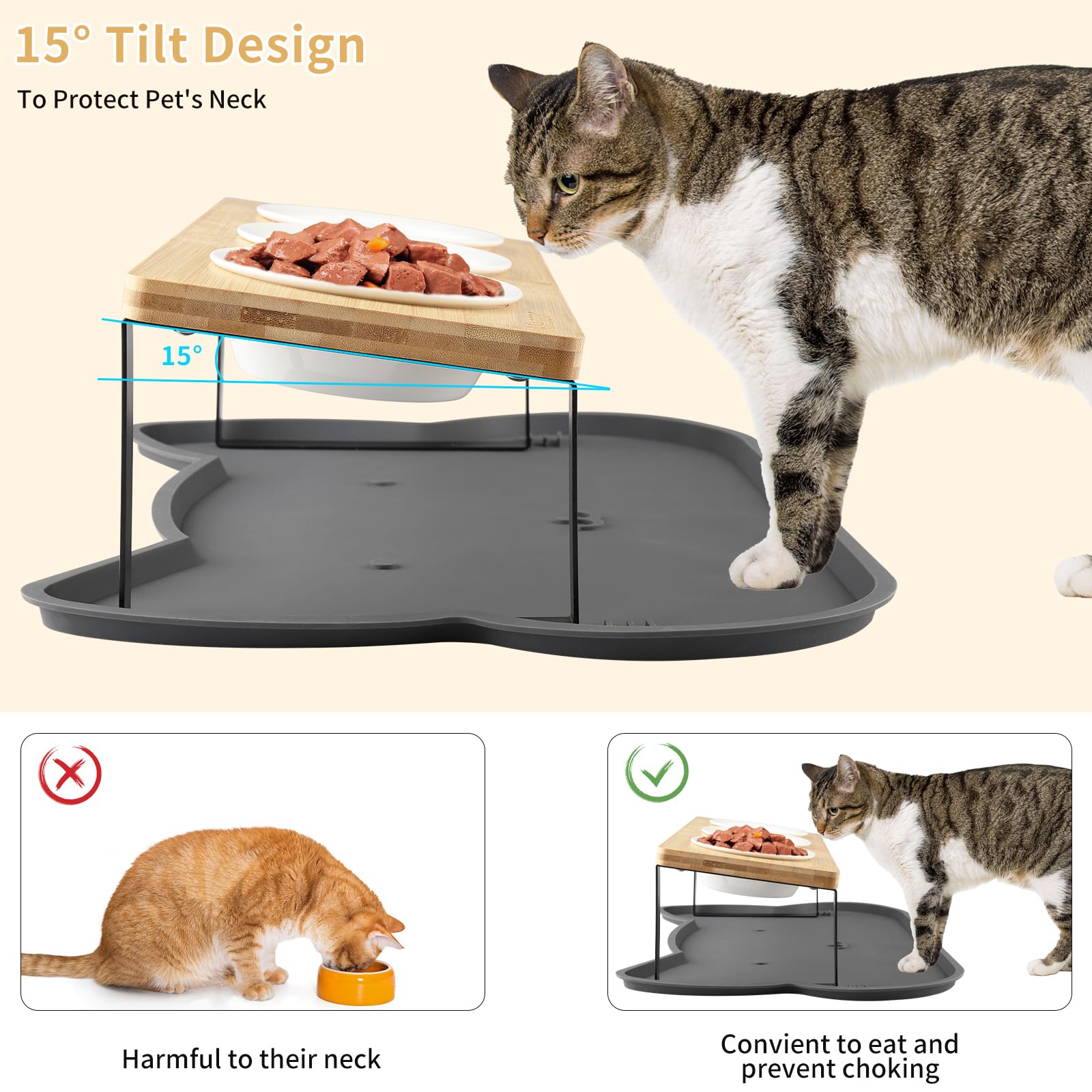 Set 3 Ciotole In Ceramica Inclinate 15° Per Gatti E Cani Piccoli – Rialzate, Con Supporto Metallo, Stabili