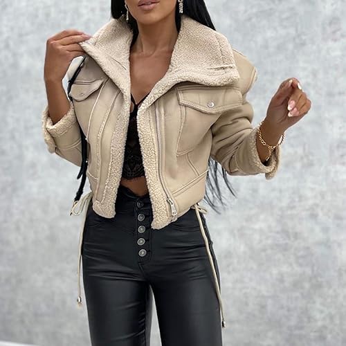 Miniatura 31 de JOFOW Chaquetas de gamuza para mujer, con solapa, cuello de vellón, con cinturón, forro de franela, abrigos, holgados, a la moda, talla extra grande