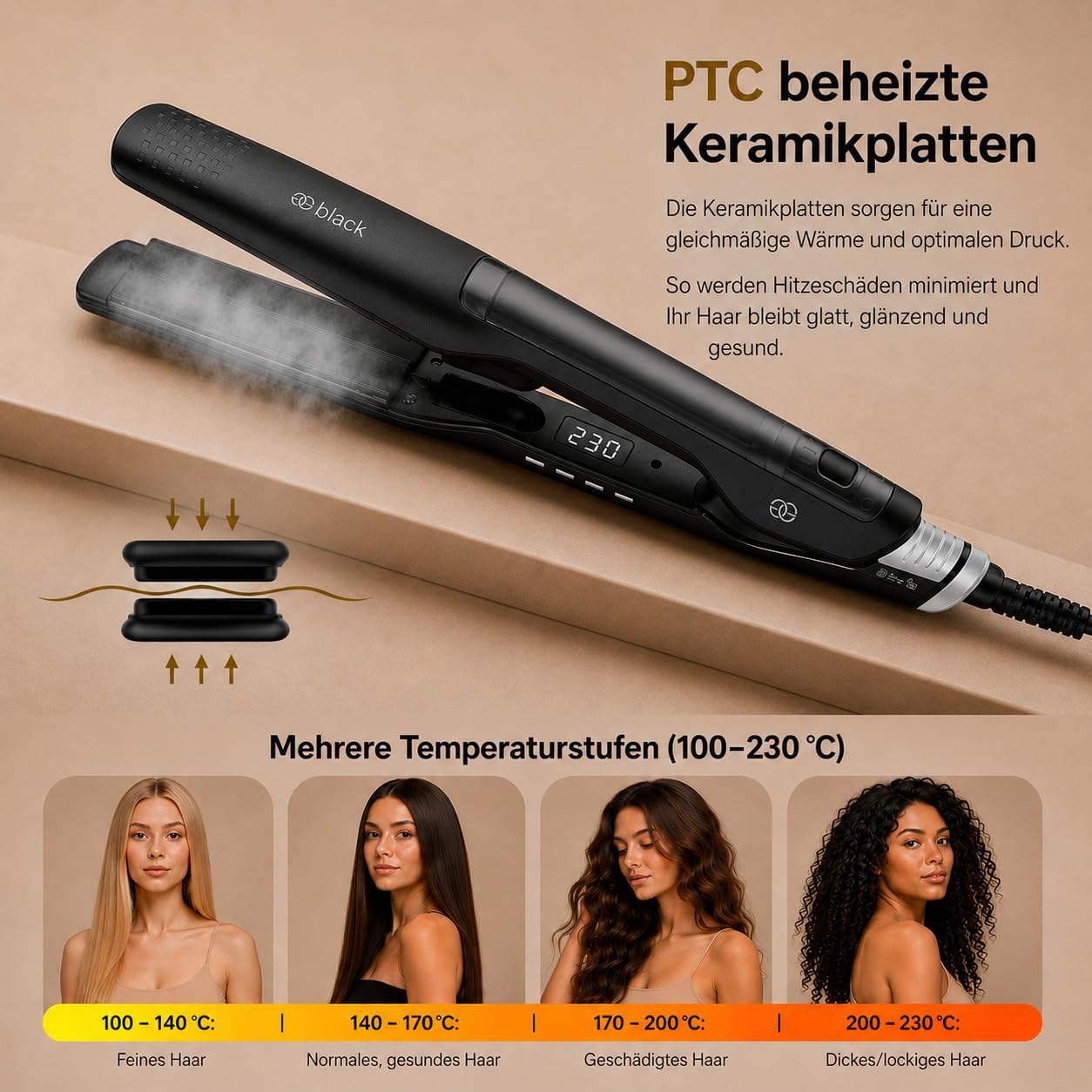 Glätteisen 2-in-1 Professionelles Haarglätter Lockenstab Golden Goods - Dampf & 42mm Breite Titanplatten Keramikbeschichtigung, LCD-Display, 25s schnelles Aufheizen &10 Temperaturstufen 100°C-230°C