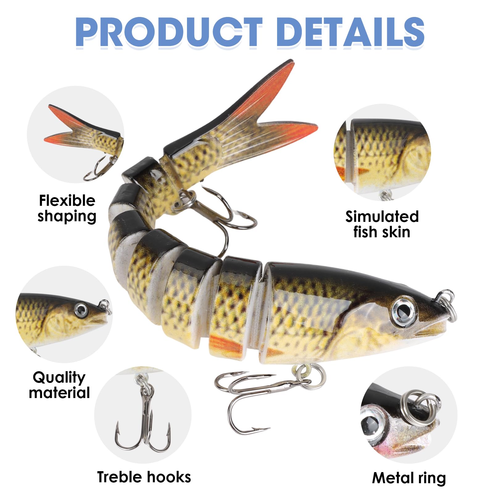 3 Pièces Leurre Peche Carnassier, Leurres de Pêche Bioniques à Couler Lent au Brochet Artificiel Leurres de Pêche Multi-articulés avec Hameçons Triples pour Carnassier Poisson Brochet Truite