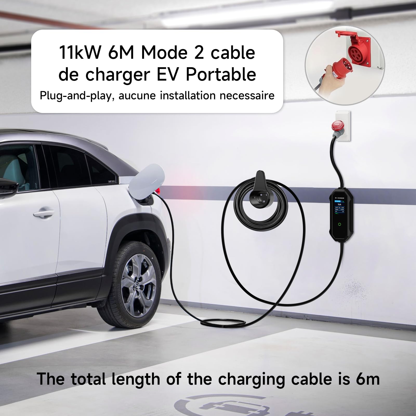 6m Cavo Ricarica Auto Tipo 2 CEE 11kW, Trifase, 8-16A con Potenza di Ricarica Regolabile, Caricatore per Veicoli Elettrici e Stazione di Ricarica Mobile/Wallbox