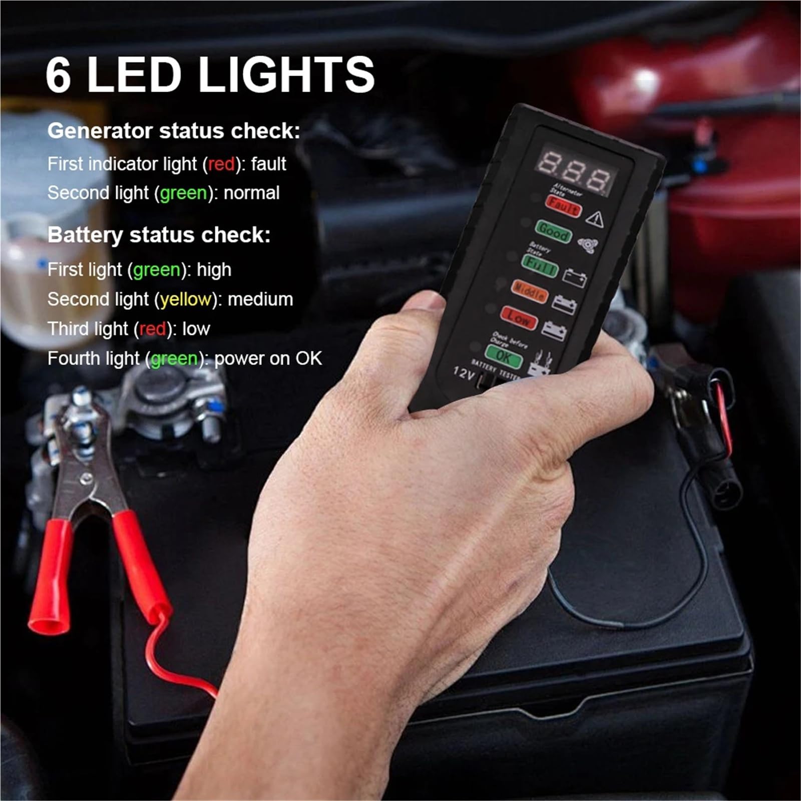 12V 24V Tester akumulatora samochodowego Tester alternatora 6 wskaźników LED Analizator akumulatora samochodowego do testowania stanu akumulatora, Tester Baterii