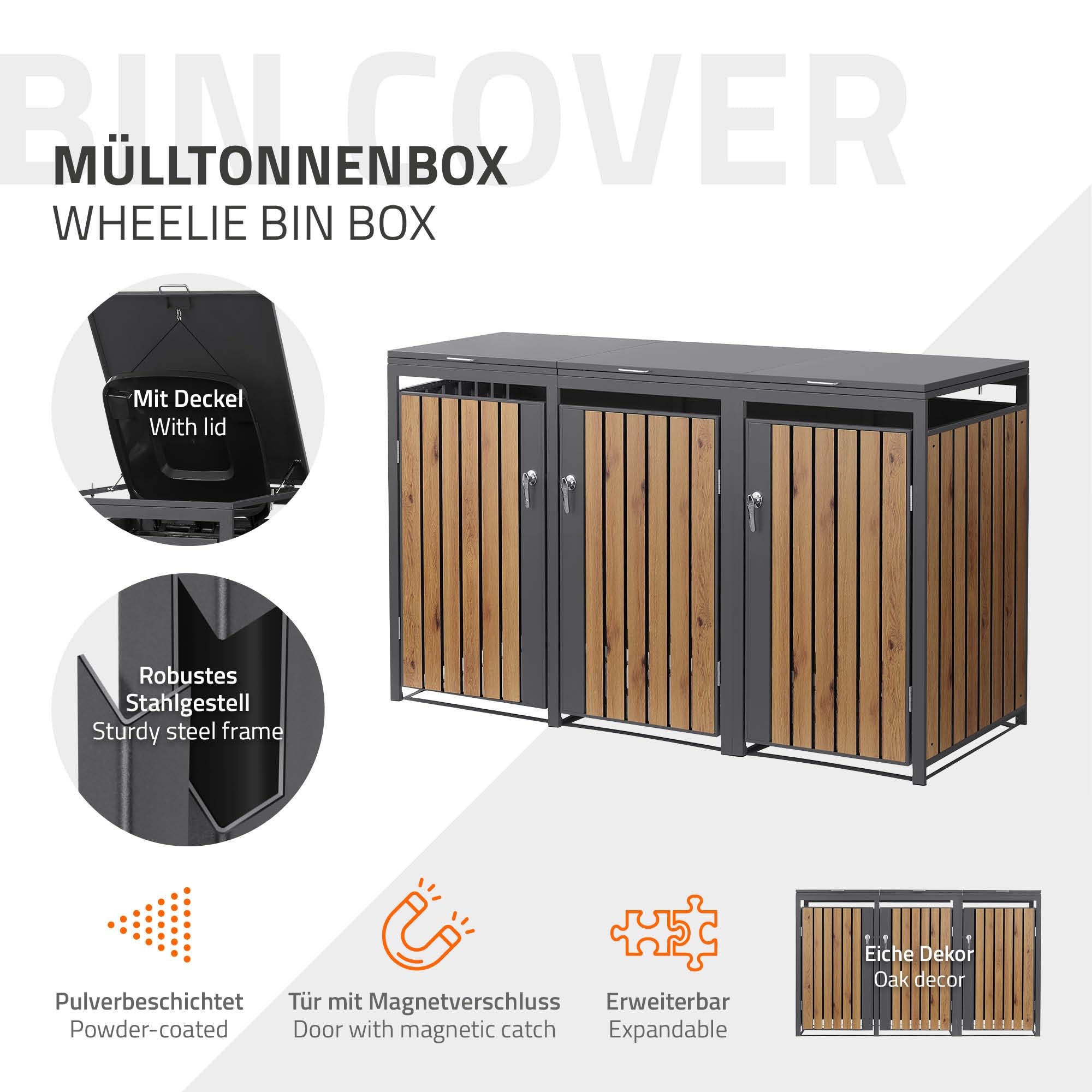 ML-Design Mülltonnenbox 3er 240L, Mülltonnenverkleidung für 3 Mülltonnen, Müllbox wetterfest, Mülltonnenhaus aus Stahl, Müllcontainer mit Deckel, abschließbare Tür, 200x80x120 cm Anthrazit-Holzoptik