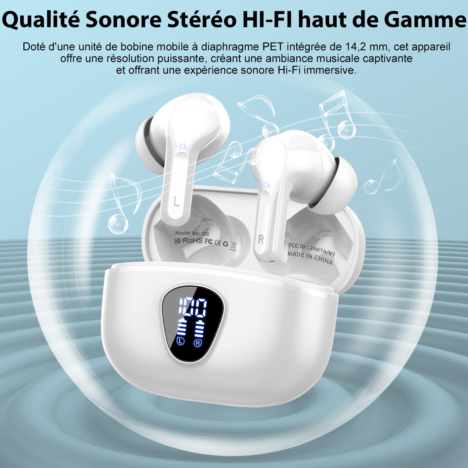 Ecouteurs Bluetooth sans Fil, Écouteurs Bluetooth 5.4 Oreillette Bluetooth Basses Immersives avec 4 ENC Mic, Casque Bluetooth sans Fil 46H avec Écran LED, Étanche IP7 Contrôle Tactile, Blanc (2026)