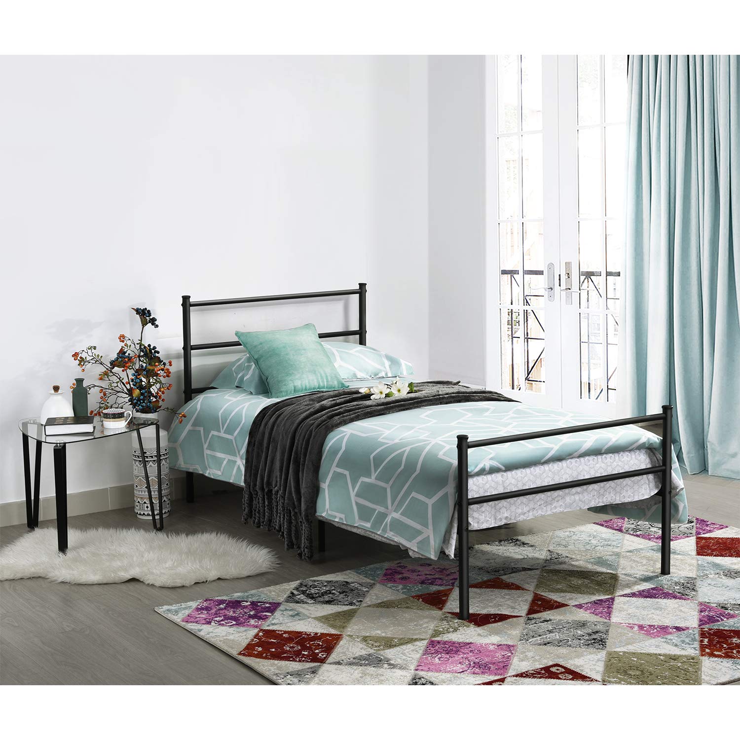 FetiNes Opklapbed, metalen bed, eenpersoonsbed, bedframe, lattenbodem zonder montage, bedframe, logeerbed met 4 wieltjes, 90 x 190 cm, zwart