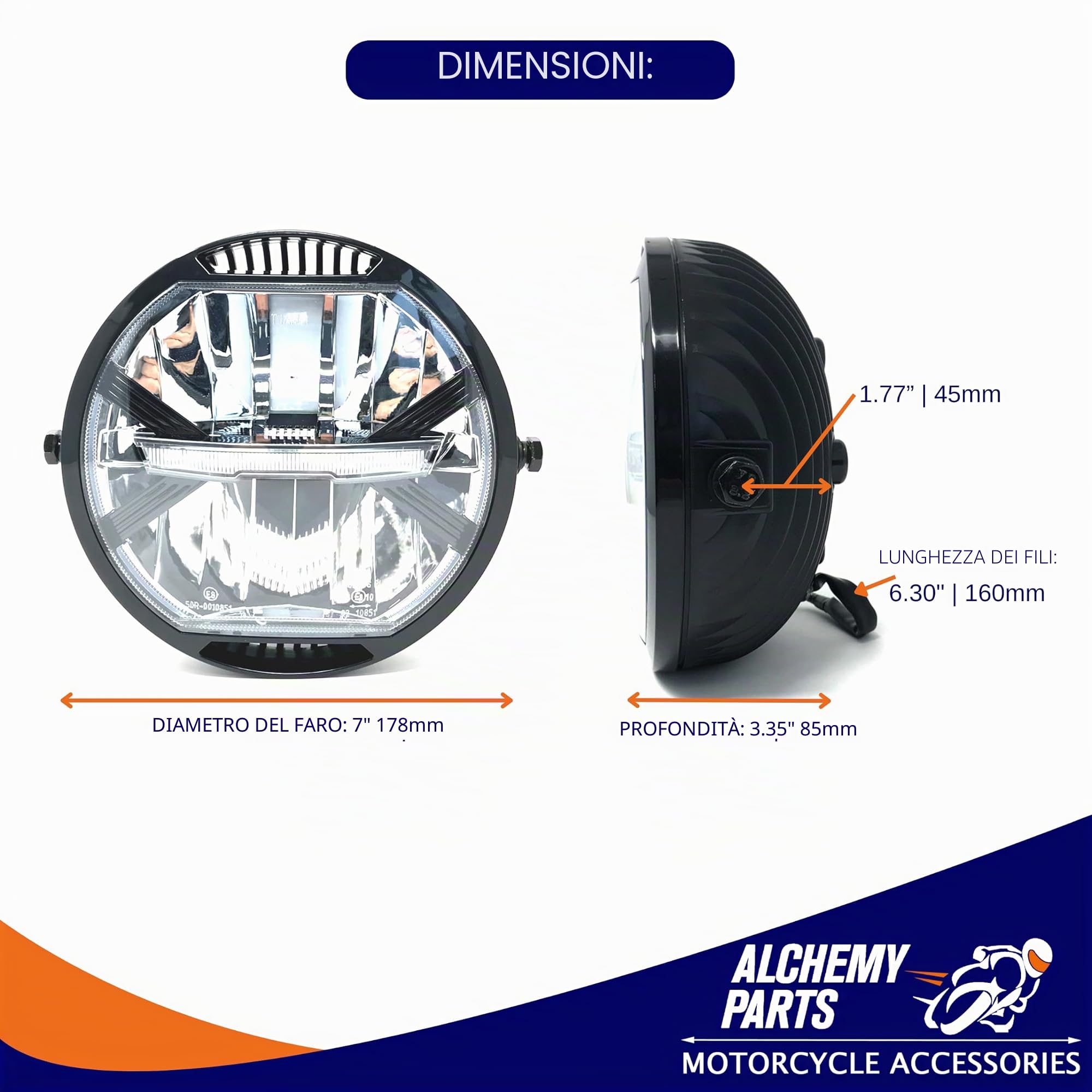 Alchemy Parts Faro anteriore a LED per moto | Universale per bici da strada personalizzate | Luci di marcia diurna alte, basse e DRL | 17,8cm
