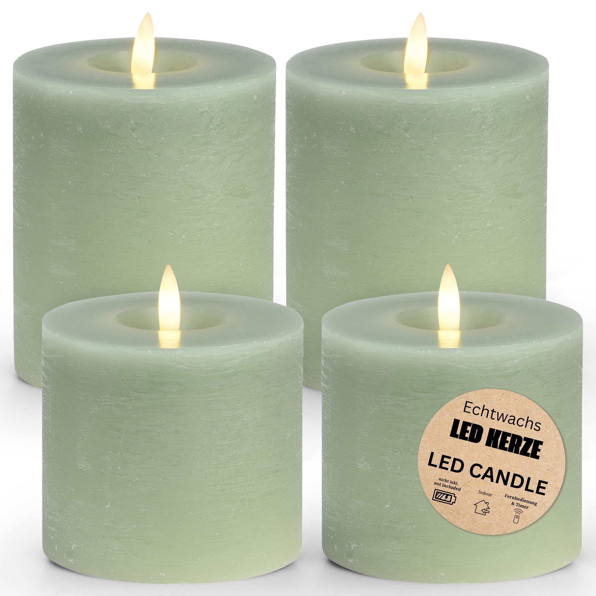 LED Pillar Candles Set of 4 Real Wax with Timer Function Including Remote Control - Candles Realistic Flickering Flame Warm White Diameter 10 cm - Electric Wax Candles Sage Green as Cosy Table