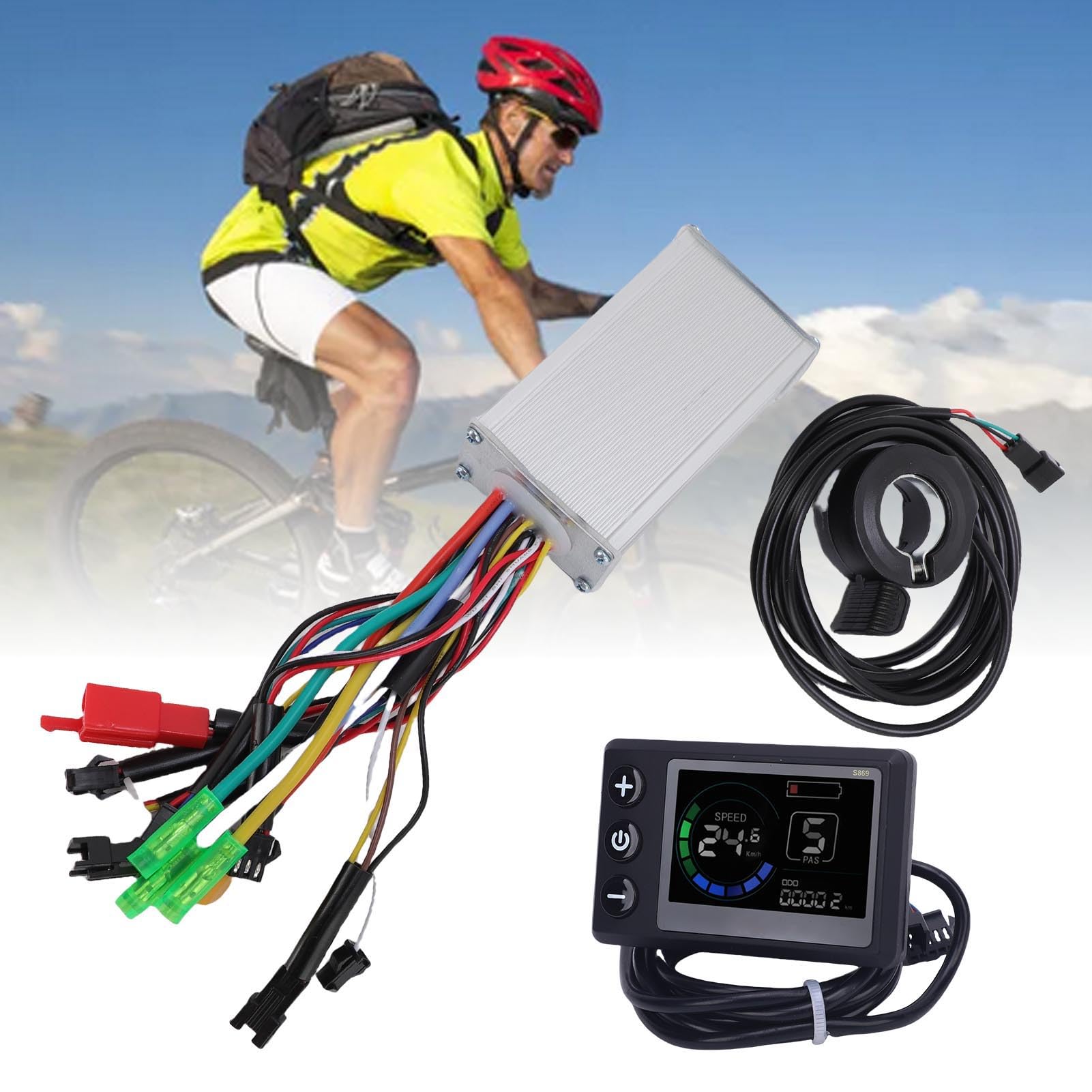 BuyWeek Kit de Contrôleur de Moteur sans Balais pour Scooter Vélo Électrique, 36V 48V 250W 350W 17A 3 Modes Contrôleur d'onde Sinusoidale Panneau d'Affichage LCD Couleur S869 et Accélérateur 130X