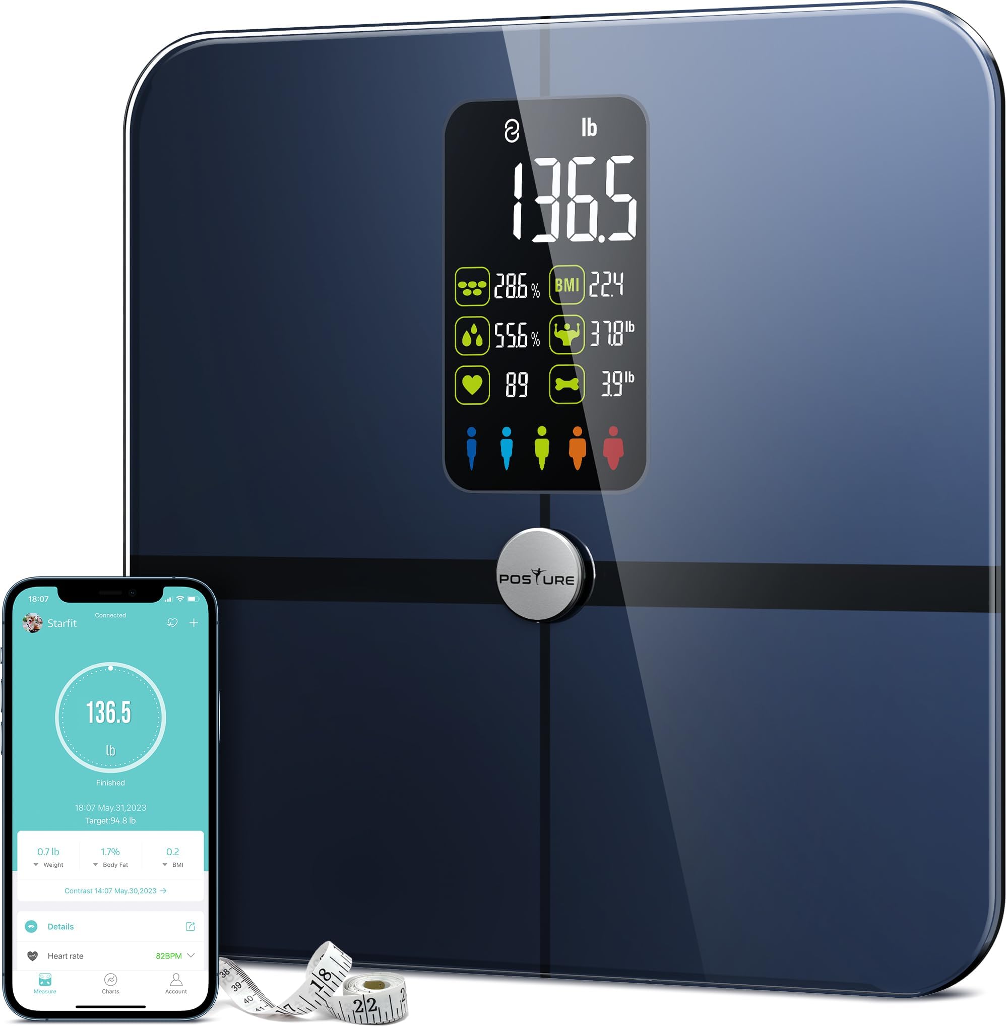Body Fat Scale, Extra Large Display Digital Bathroom Wireless Weight Scale Composition Analyzer with Heart Rate Heart Index & Body Shape Index with Free APP 400Lb Black