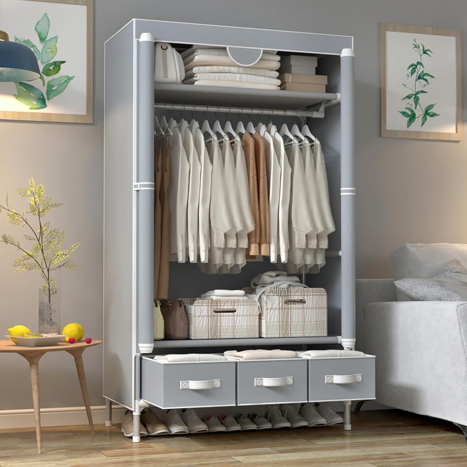 Kleiderschrank,Schlafzimmer Stoffschrank,Kleiderstander mit Schubladen,Faltbar Garderobe mit Kleiderstange