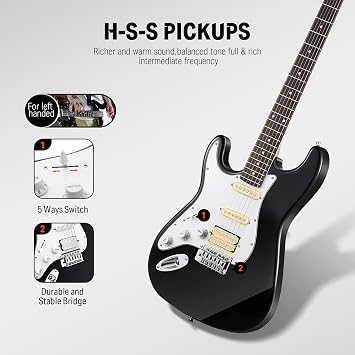 Donner 39 Inch Left-Handed Electric Guitar Kit Solid Body Black Lefty Beginner Set Full-Size with Amplifier Online Lesson Bag Digital Tuner Capo Strap String Cable Picks DST-100BL