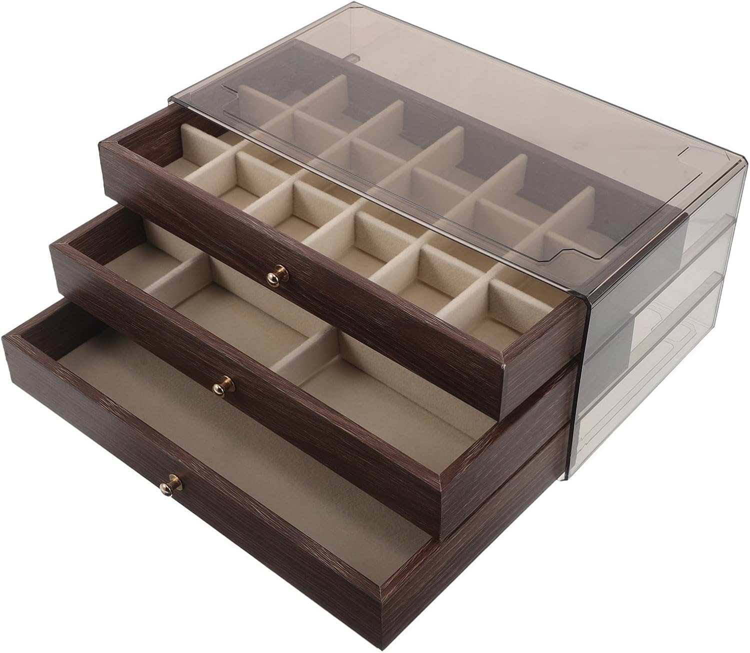 Didiseaon Vintage 3 Layer Wooden Jewelry Box Organizer with Acrylic Lint-free Compartments for Women, Retro Elegance Design for Bedroom and Occasions Jewelry Storage