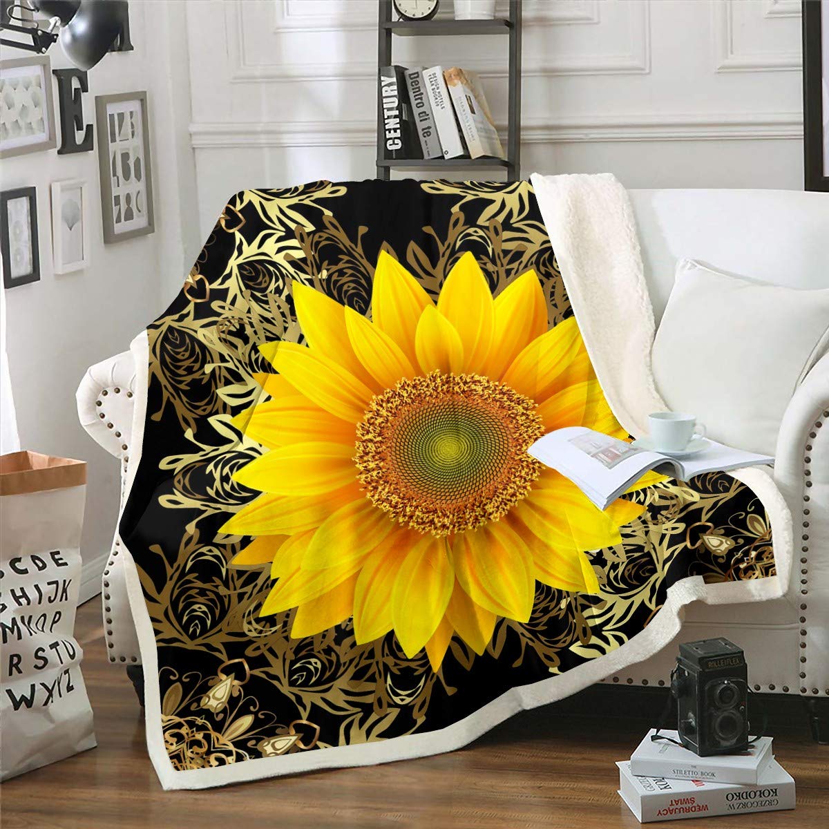 Coperta in pile con girasole, motivo floreale, colore giallo, per letto, divano, divano, divano, motivo floreale, in peluche, stile vintage, stile botanico, 127 x 152,4 cm