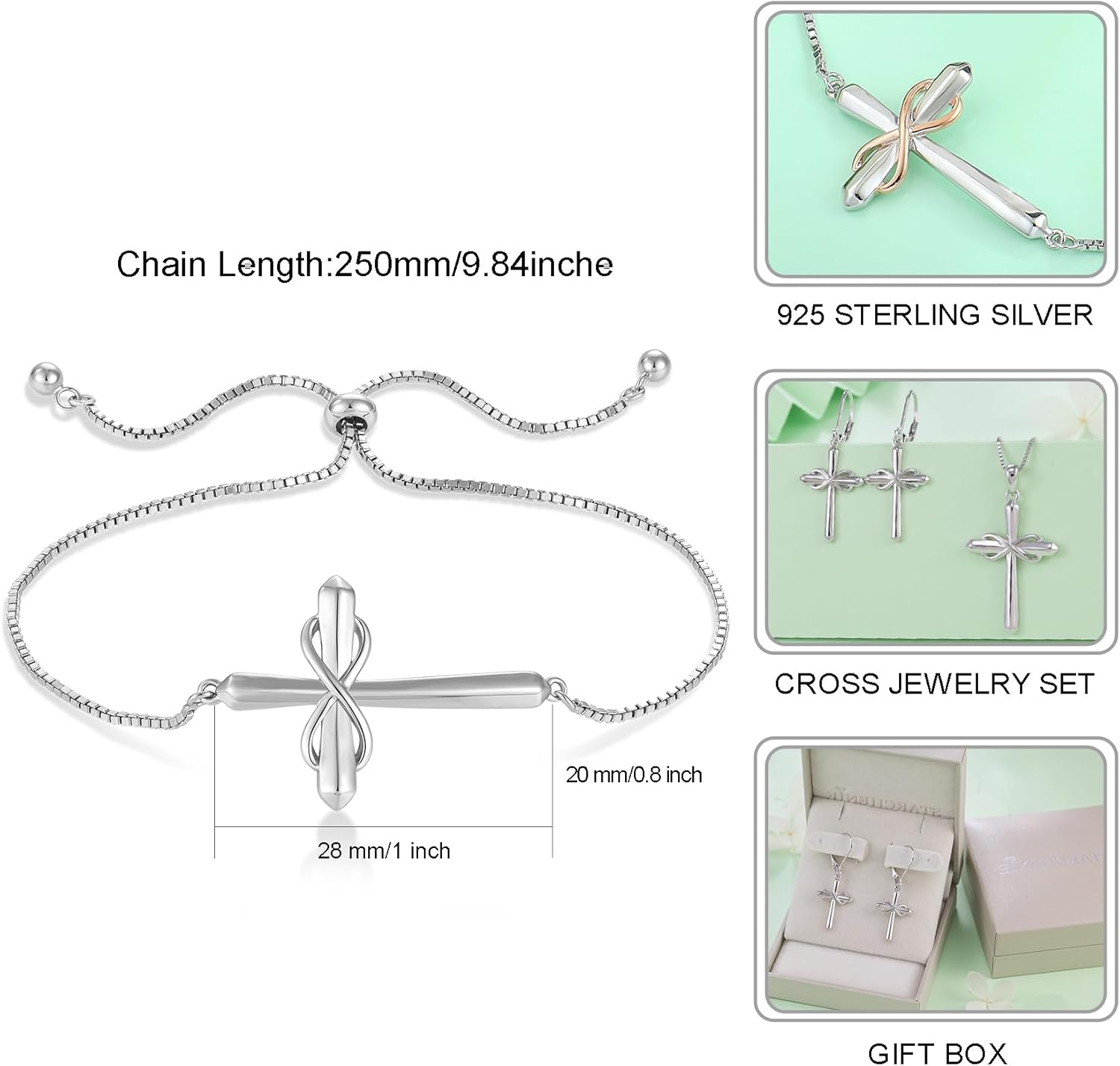 STARCHENIE Cross Bracelet for Women 925 Sterling Silver Infinity Bracelet Adjustable Slider Crucifix Jewelry Gift - Image 6