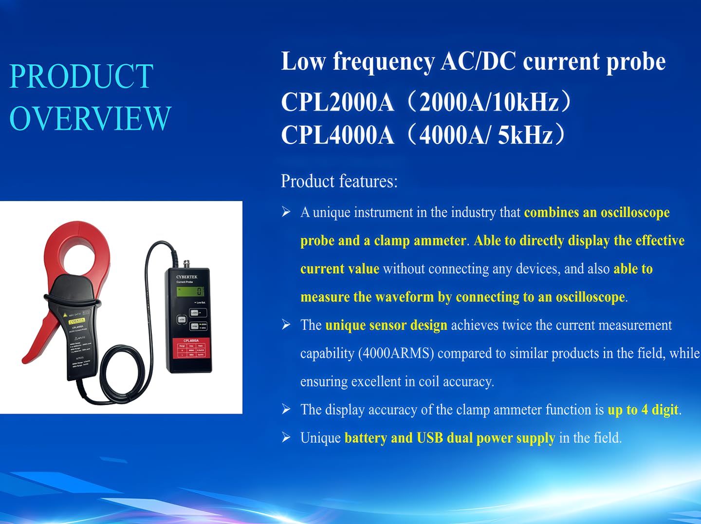 CYBERTEK Oscilloscope Current Probe Low Frequency AC/DC Current Probe CPL2000A 2000A/10kHz CPL4000A 4000A/5kHz with the Peak Current of 3000Apk/5600Apk(CPL2000A 2000A/10kHz)