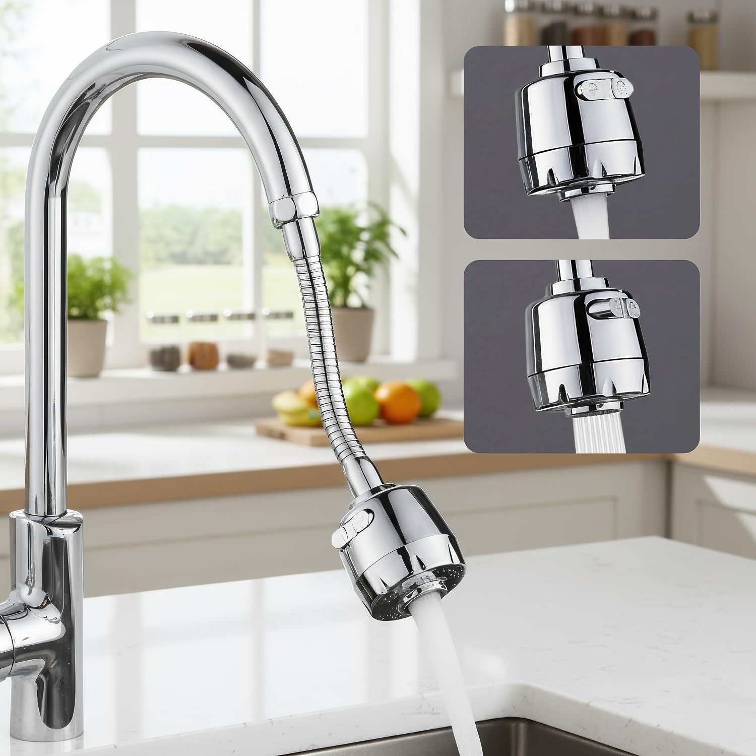 Universal 360 Rotatable Kitchen Sink Faucet Aerator Sprayer Attachment Flexible Extension Tap Extender Hose Dual Water Flow Mode Shower Stream Anti Splash Nozzle Rustproof Stainless Steel Saver Head-image-31