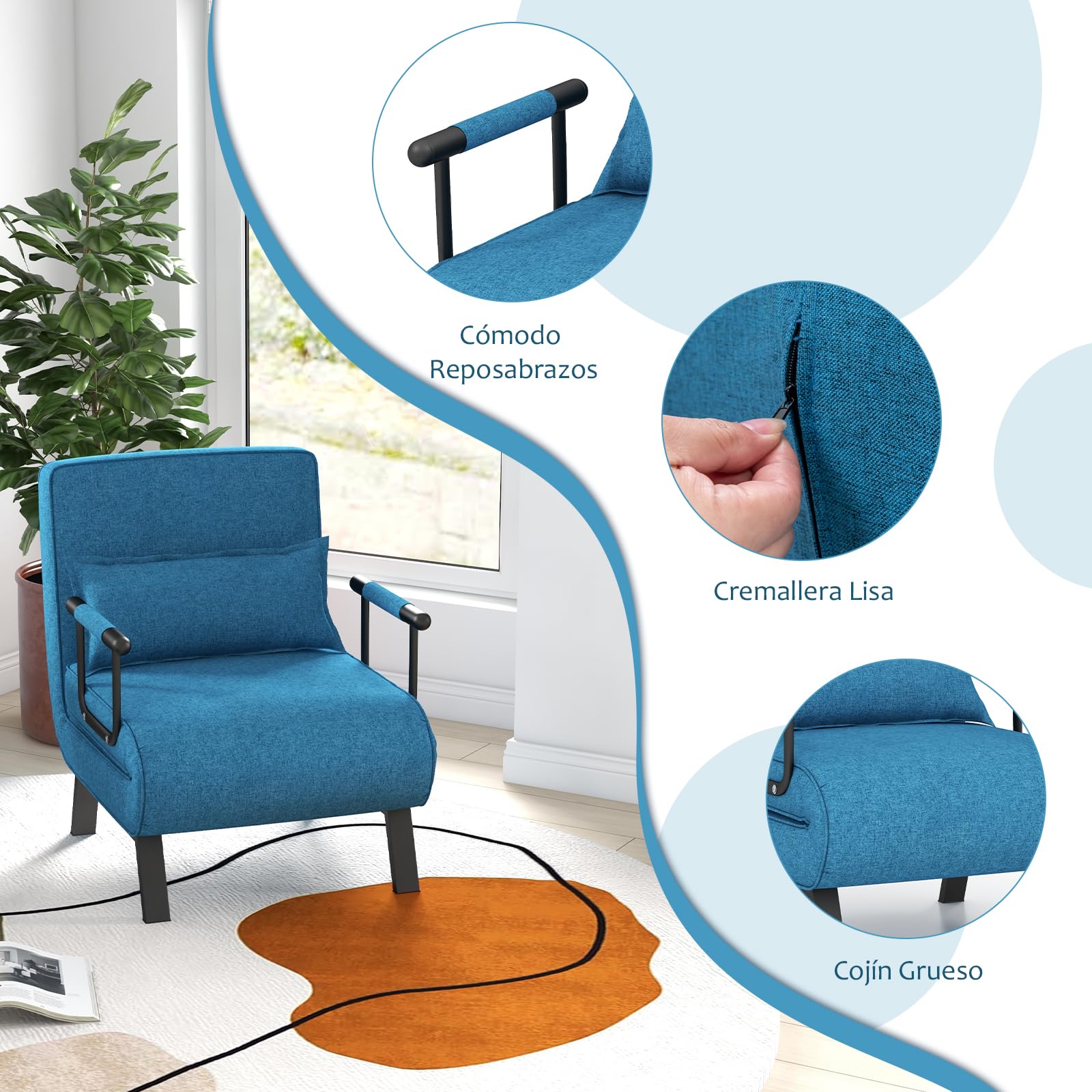 RELAX4LIFE 4 en 1 Sillón Relax Reclinable en 6 Posiciones 0-85°, Sofá Cama Plegable con Patas Ocultas y Cojín, Sillón Cama de 1 Plaza para Salón, Dormitorio y Oficina, Carga 150kg (Azul), LZ54951DE