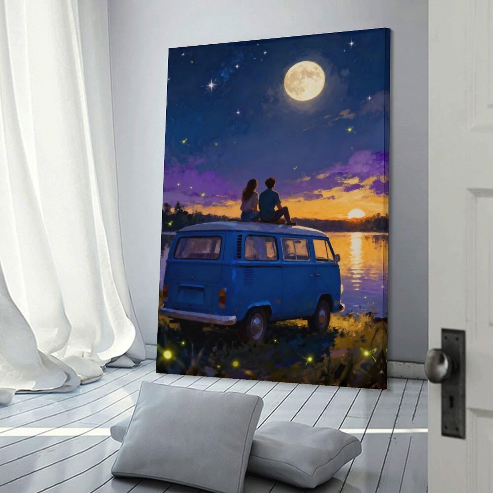 Junmoney Couple on Van Under Moonlight Home Decor Wall Art, 20x30inch(50x75cm), for Apartment Walls, Studios Or Work Areas, Stylish Wall Art for Fresh Spaces