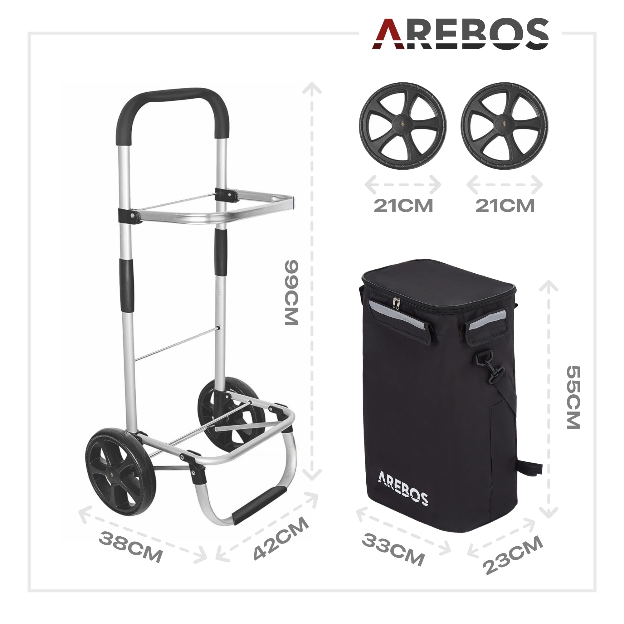 Arebos Chariot de Courses 3 en 1 avec Compartiment Isotherme intégré | 56L | Sac de Courses Pliable | Poignée réglable | Chariot de Courses avec roulettes pour escaliers | Sac Amovible | Noir