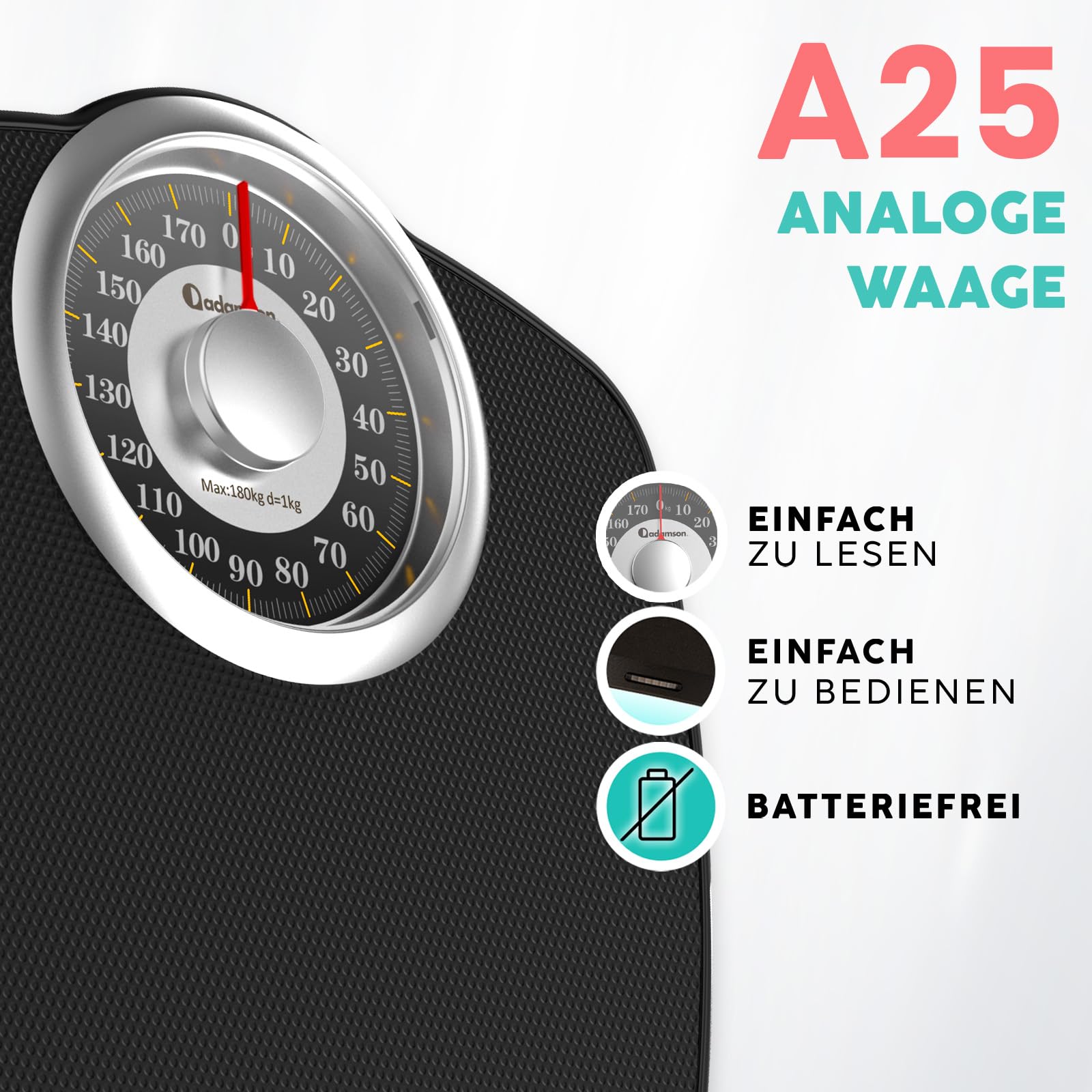 Adamson A25G Analogwaage - NEU - bis 180kg, rutschfeste Gummioberfläche, extra große Ziffern, hochpräzise Personenwaage Analog, langlebig, 20-Jahre Support für Haushalt, Schlafzimmer, Bad - Gold