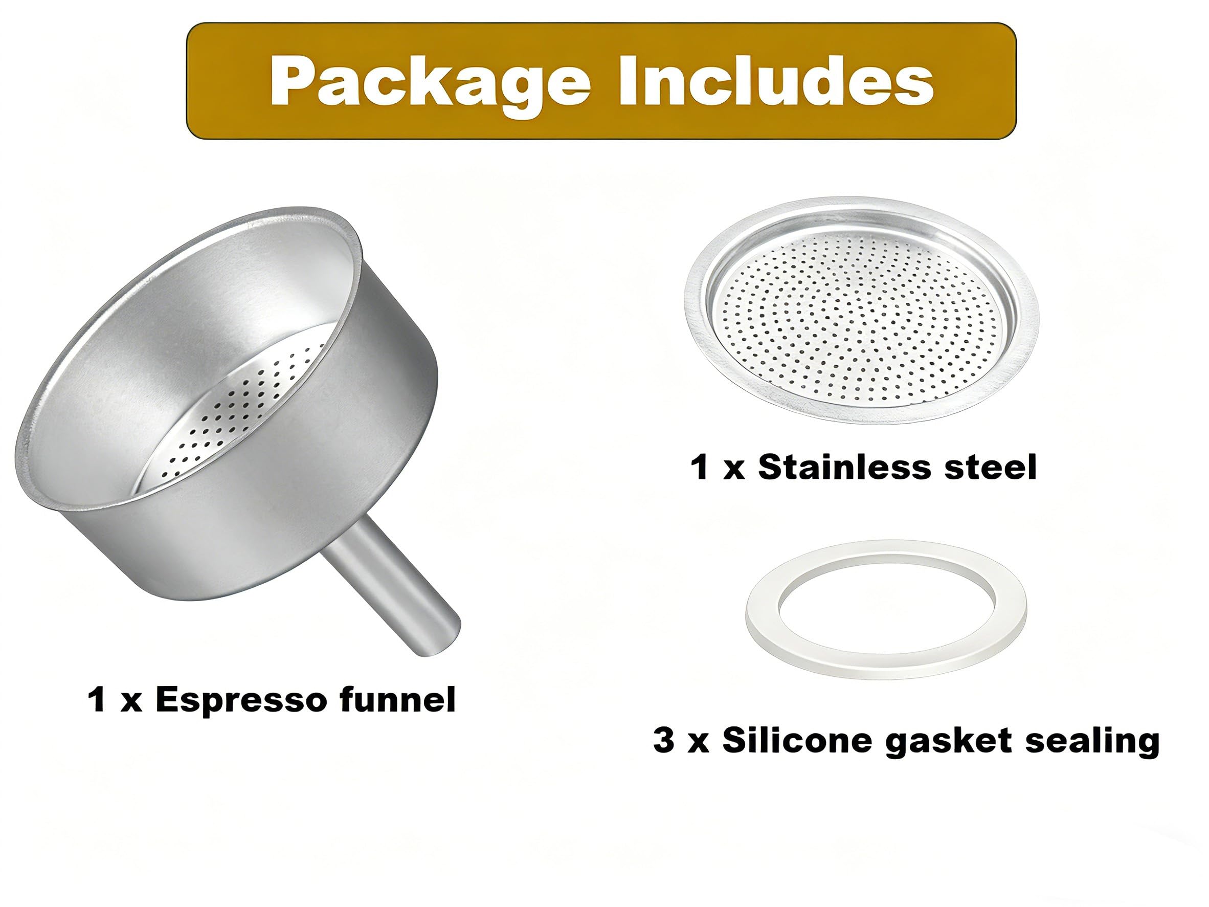 Kit de repuesto para olla Moka de 6 tazas, incluye 1 embudo de espresso, 1 filtro de aluminio y 3 sellos de junta de silicona, compatible con cafeteras de estufa