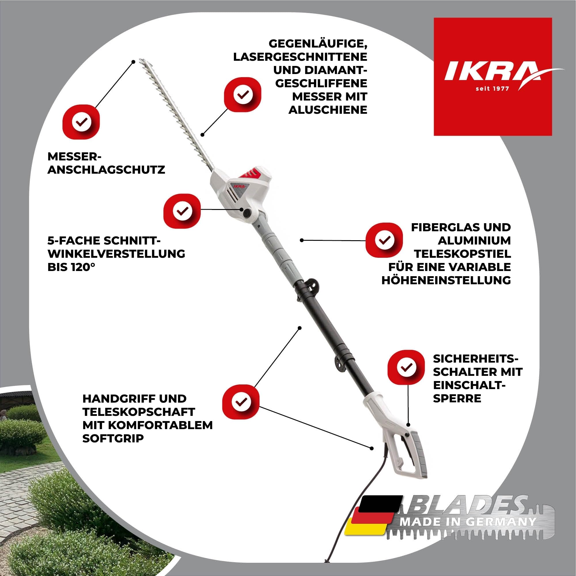 IKRA Elektro Teleskop Heckenschere ITHS 600, Schnittlänge 51cm, inkl Brille | Teleskopierbar, Schnittstärke 20mm, 5-fach Schnittwinkelverstellung bis 120°, inkl Schultergurt, Messer Made in Germany