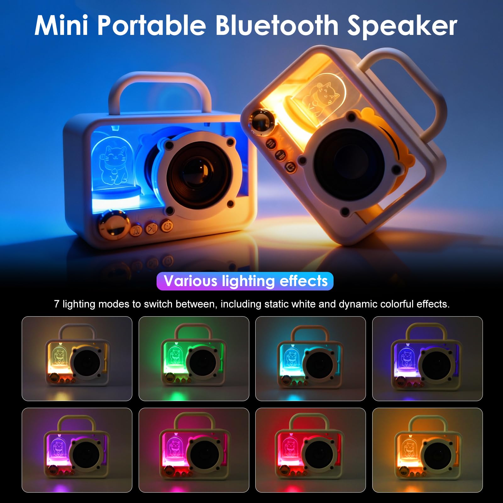 Tragbarer Bluetooth-Lautsprecher mit RGB-Lichtern, Stereo-Sound, druckvoller Bass, Mini-Bluetooth-Lautsprecher, niedlicher Mode-Stil für Küche, Schreibtisch, Schlafzimmer, Büro, Party