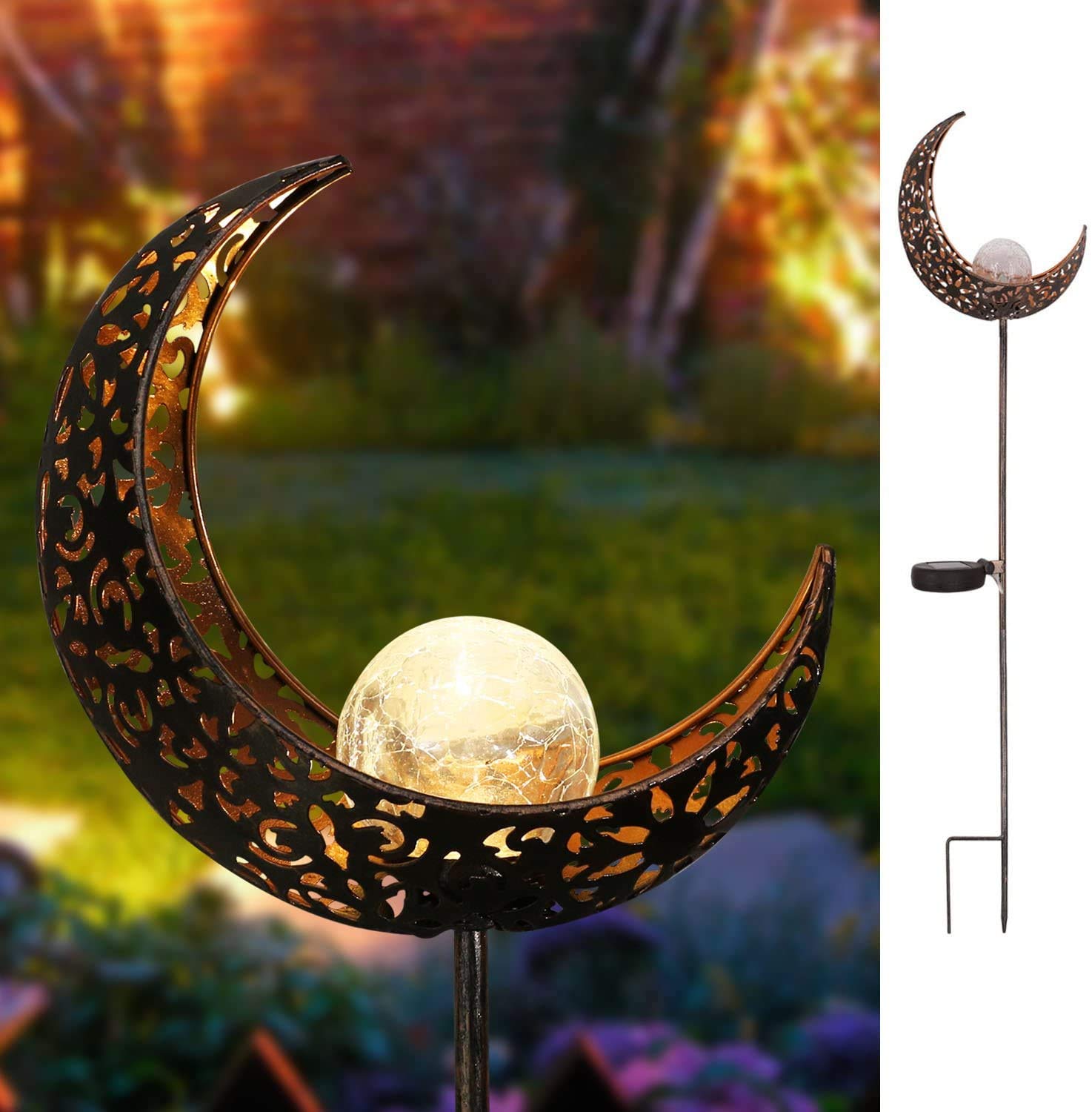 Epyz Solar Garden Light Outdoor Moon Crackle Glass Globe Stake Metal Lights, Waterproof LED for Lawn,Patio or Courtyard [ Warm Yellow, Pack of 1 ]