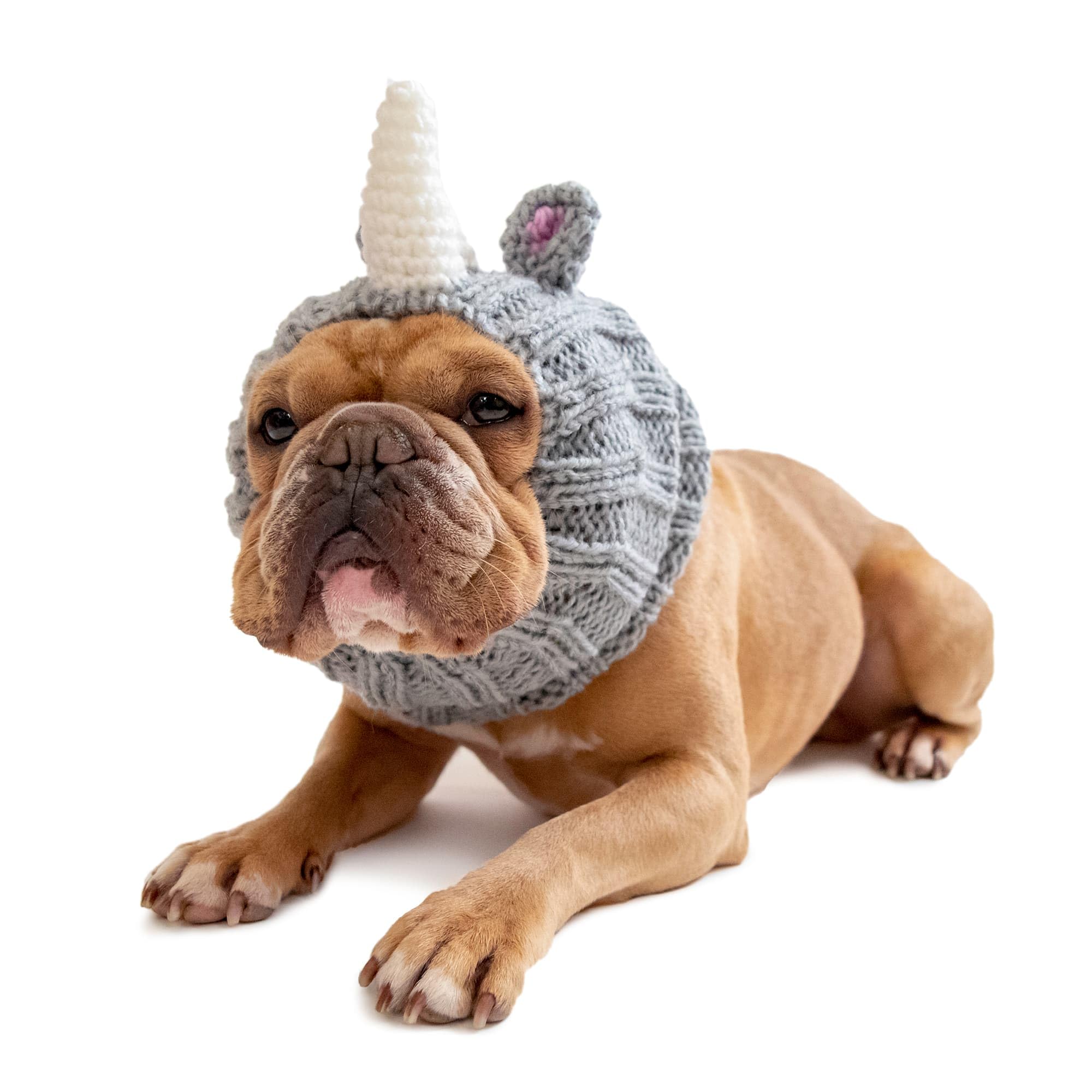 Zoo Snoods Rhino Costume - Knit Dog Snood Ear Wrap for Pets, Warm Neck Cover for Halloween and Winter (Medium)