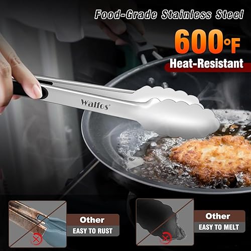Miniatura 3 de Walfos Pinzas de cocina de acero inoxidable para cocinar, barbacoa, 7, 9, 12 y 14 pulgadas, juego de 4 pinzas de metal resistentes con bloqueo para