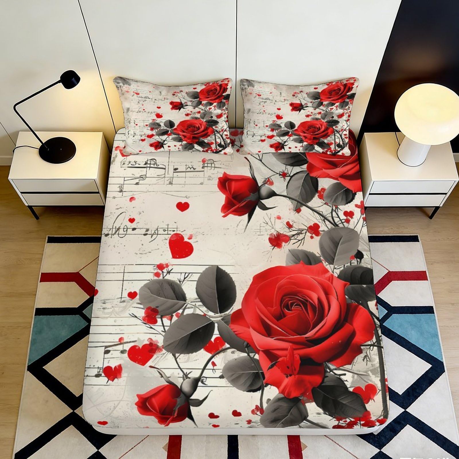 K1r3d9e5 Style-1 3D Printed Red Rose Fitted Sheet Microfiber Soft Floral Bed Cover Romantic Bedroom Decor Dustproof Machine Washable 90X200x25cm