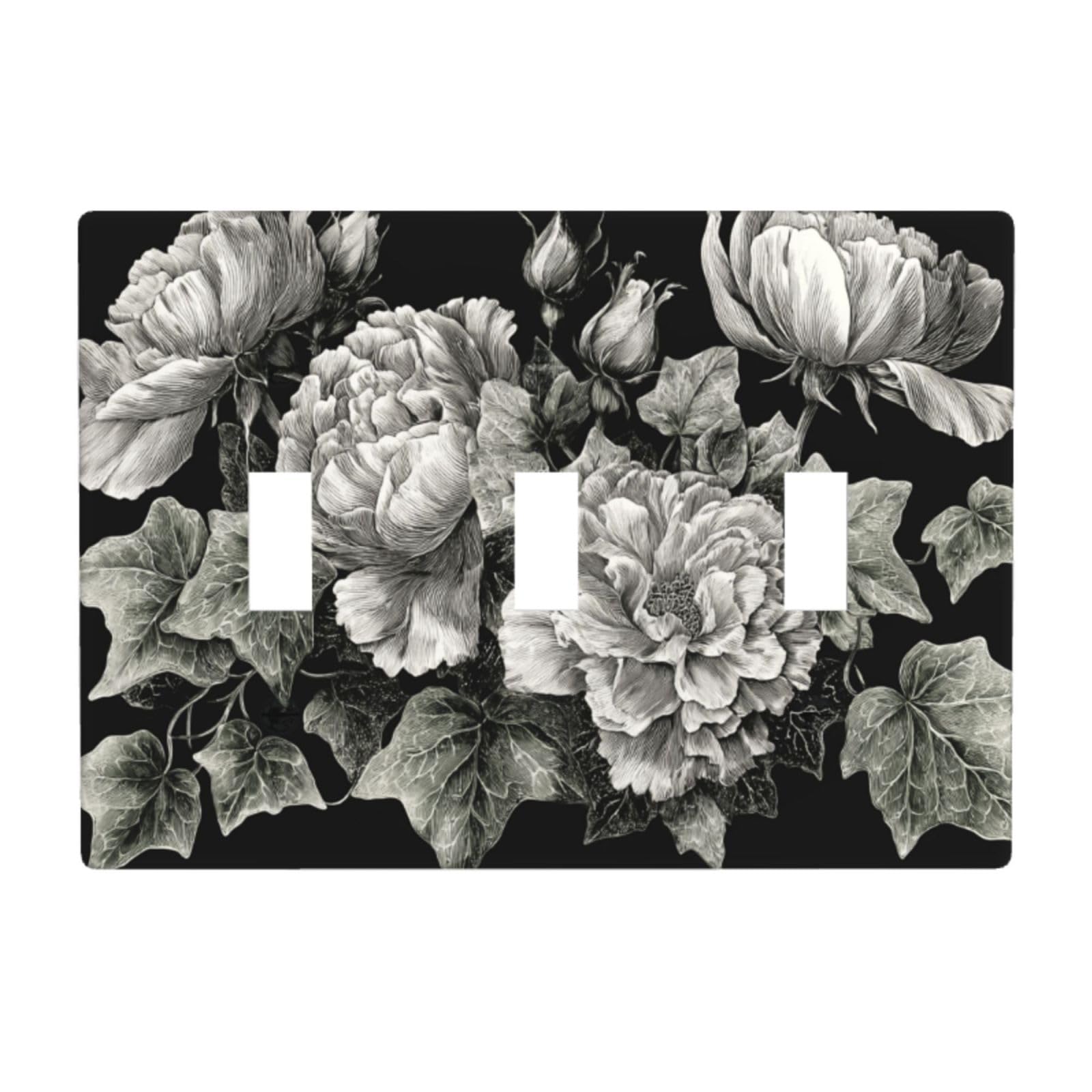 Woshuwo White Vintage Roses Lilies With Vines Dark Gothic Light Switch Covers 3 Gang Triple Toggle Wall Plate Switchplate Electrical Faceplate For Bathroom Kitchen Bedroom Decor