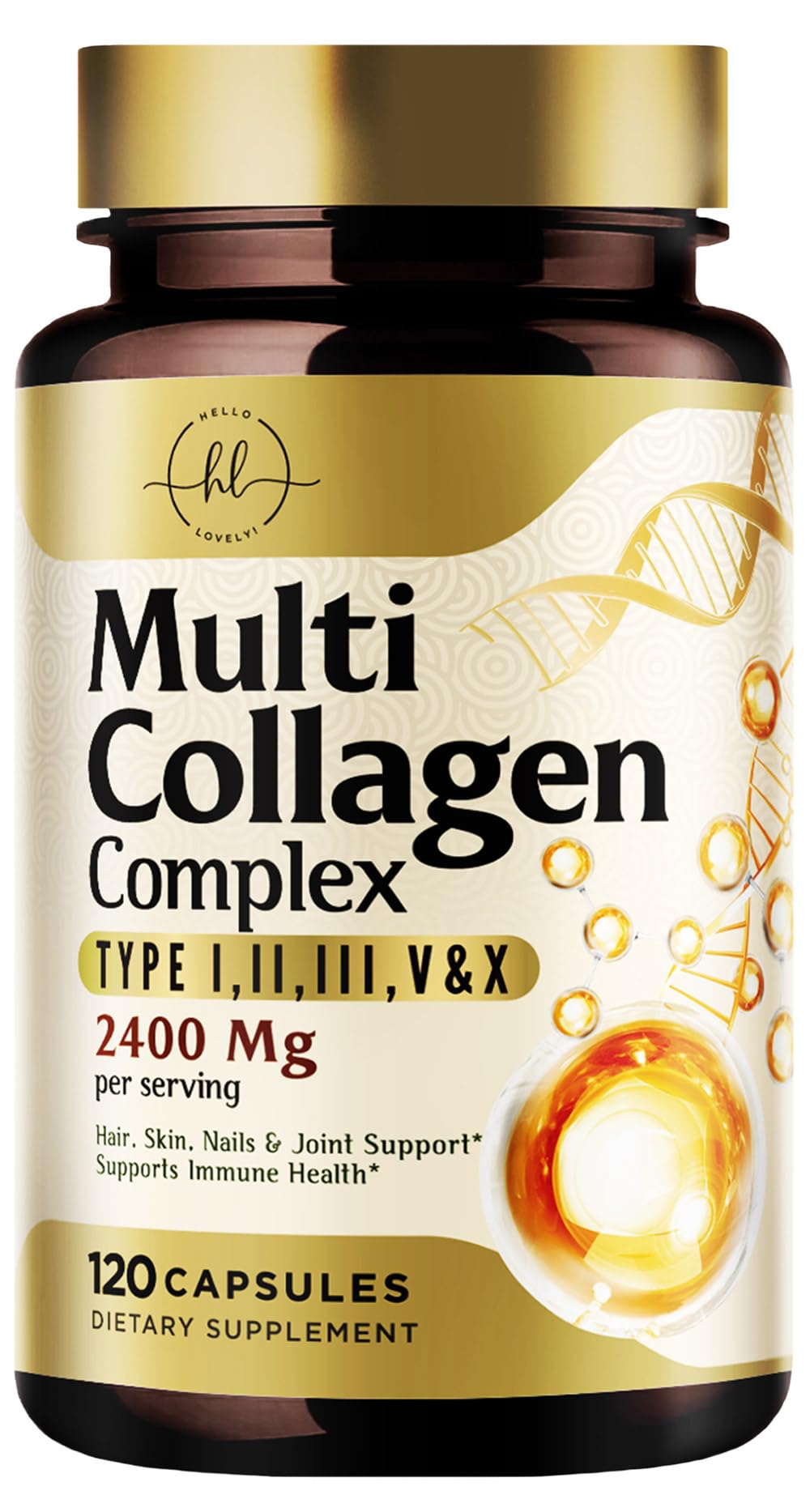 Multi Collagen Peptides for Women & Men - 2400mg per Serving - Best Hydrolyzed Collagen Complex with Type I, II, III, V, X - Hair, Skin, Nails & Joint Support Supplement - Bottled USA - 120 Capsules 120 Count (Pack of 1)