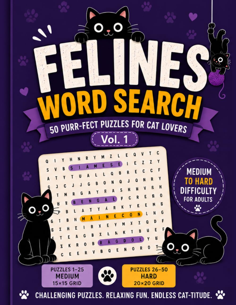 Felines Word Search: 50 Purr-fect Puzzles for Cat Lovers | Medium to Hard Difficulty for Adults