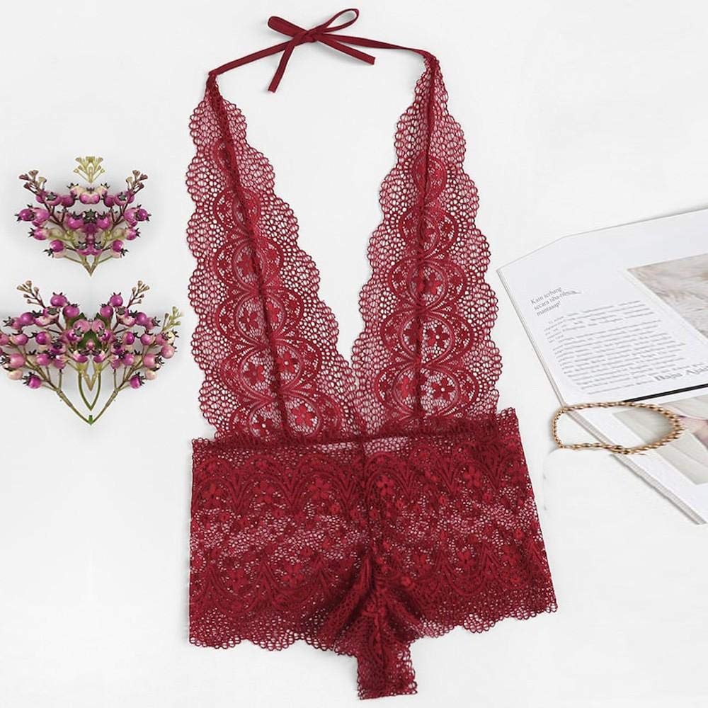 Mujer Sexy Negro con Encaje Sensual Elegante Fina Lenceria para DamaMonos Sexis para Mujer, Mamelucos sin Mangas en V Profundo para Mujer, Tops para Mujer, Ropa de Dormir Sexy, Vino__XXL