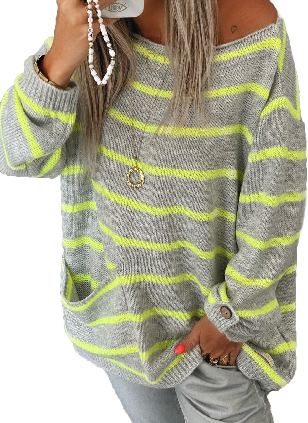 Akivide Womens Baggy Oversized Striped Sweater Trendy Color Block Casual Pullover Knit Tunic Sweater Jumper