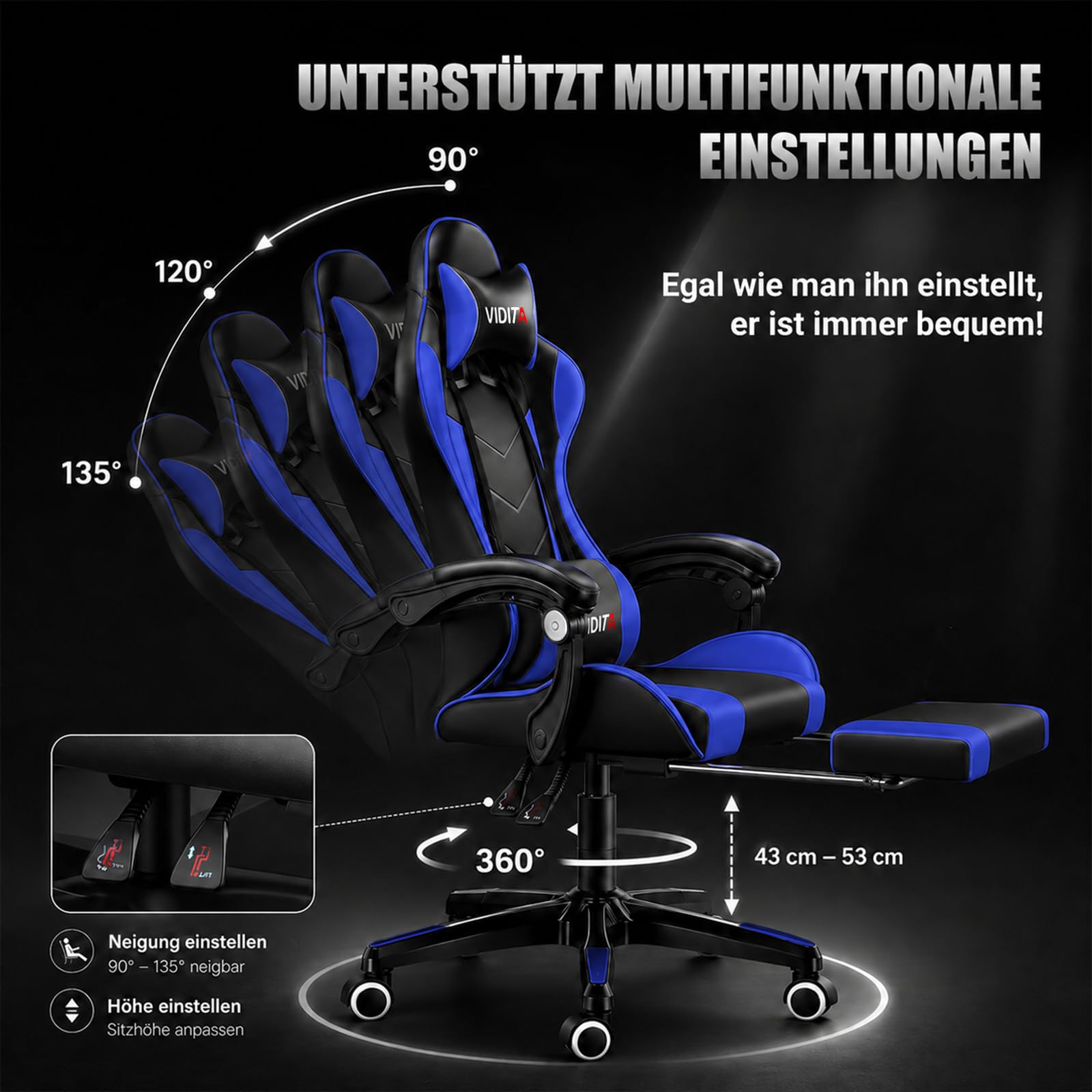 Ergonomischer Gaming Stuhl mit Fußstütze, verstellbarer Gaming Chair mit Lendenkissen, Kopfstütze & 135°Rückenlehne, drehbarer Bürostuhl für Büro, Homeoffice & Zocken mit Komfort,Schwarz & Blau, 150kg