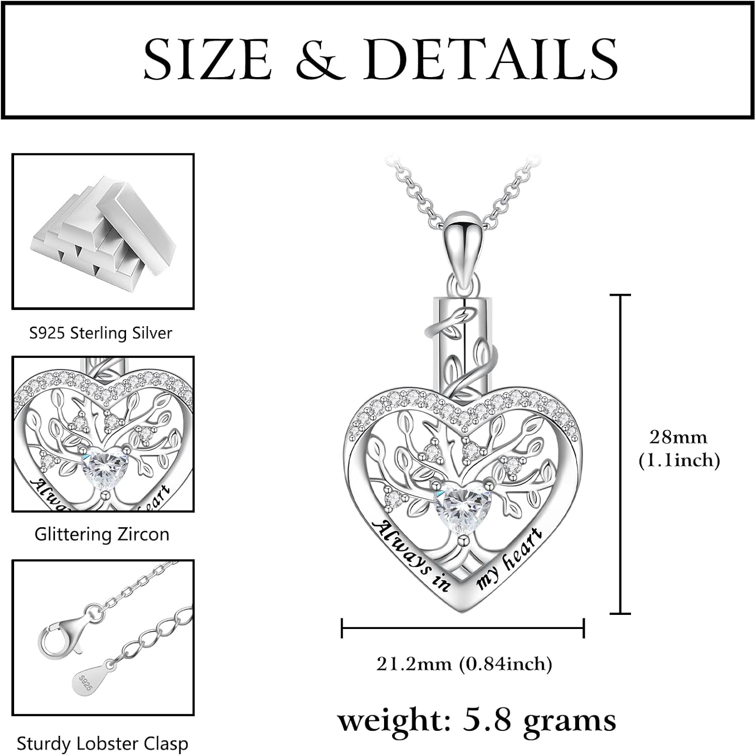 Sterling Silver Tree of Life Heart Urn Necklaces for Ashes - Cremation Memorial Jewelry Keepsake Pendant Necklace with Birthstone - Apr - Image 6