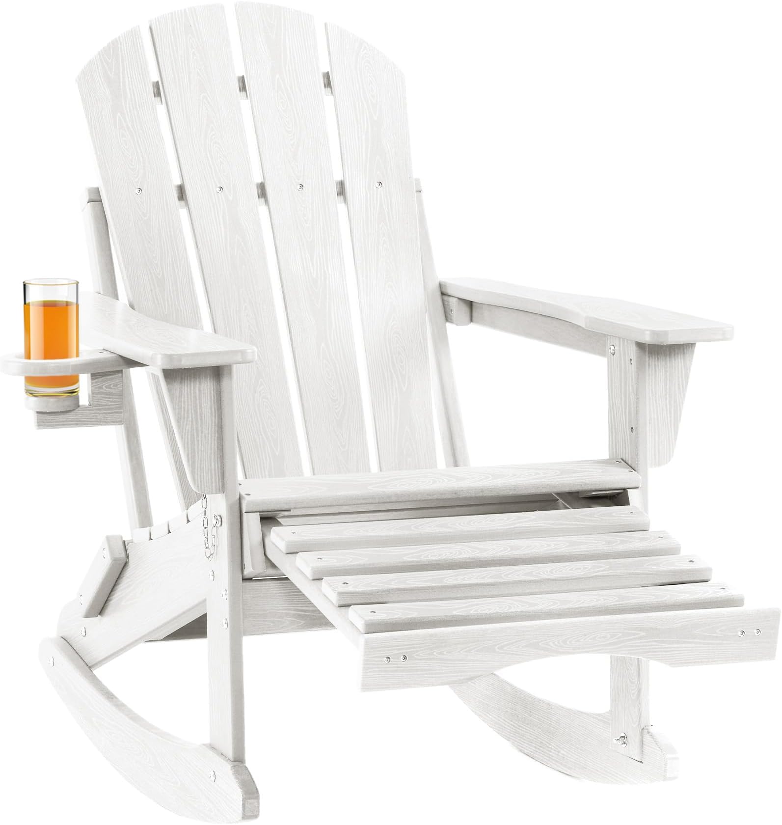 SeriqueFolding Adirondack Rocking Chair,4-in-1 Multifunctional Patio Chair with Retractable Ottoman, Outdoor Chair Wood Texture, Lawn Chair for Porch, Backyard, Pool(White)