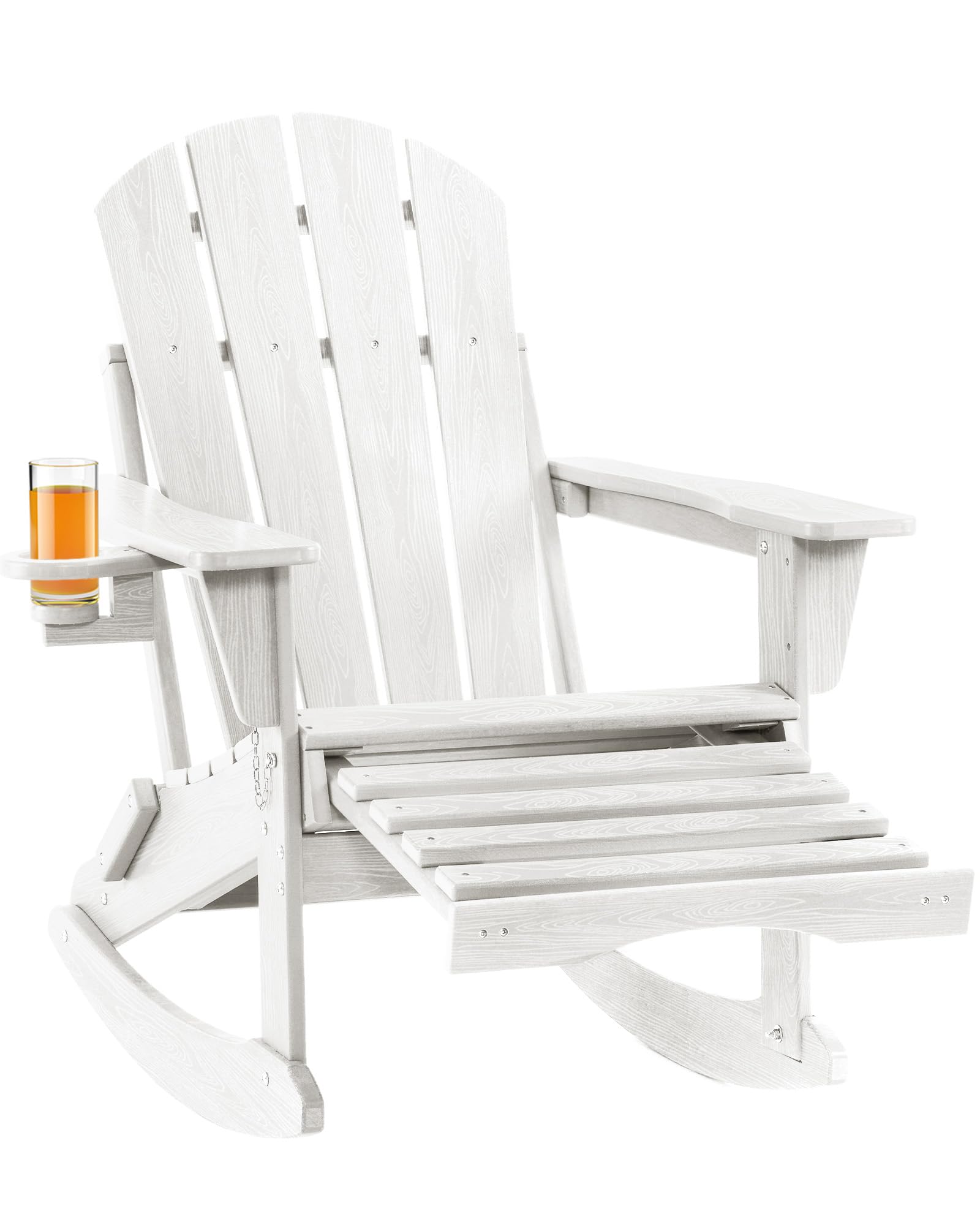 SeriqueFolding Adirondack Rocking Chair,4-in-1 Multifunctional Patio Chair with Retractable Ottoman, Outdoor Chair Wood Texture, Lawn Chair for Porch, Backyard, Pool(White)