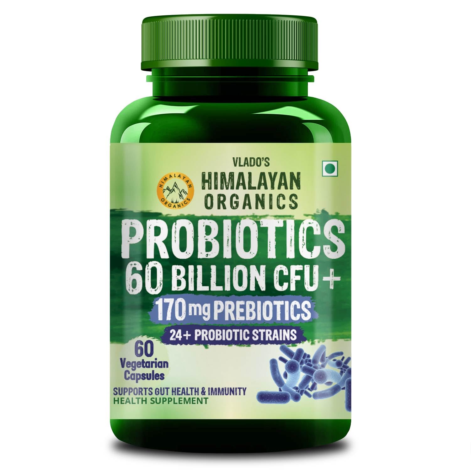 Vlado's Himalayan Organics Probiotics Supplement 60 Billion CFU+ Gut Health Supplements with Prebiotic I 24+ Probiotic Strains | Clinically Proven | For Bloating, Gas, Indigestion, IBS, IBD, Gut Health, I Probiotics Supplement for Gut Health - Men & Women – 60 Capsules