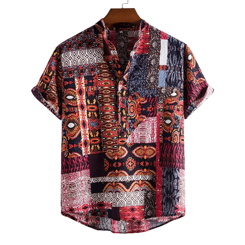 Men Hawaii Shirt Summer Personality Retro Print Men Beach Shirt Fashion V-Neck Men Short Sleeve Casual Vacation Light Comfortable Men T-Shirt