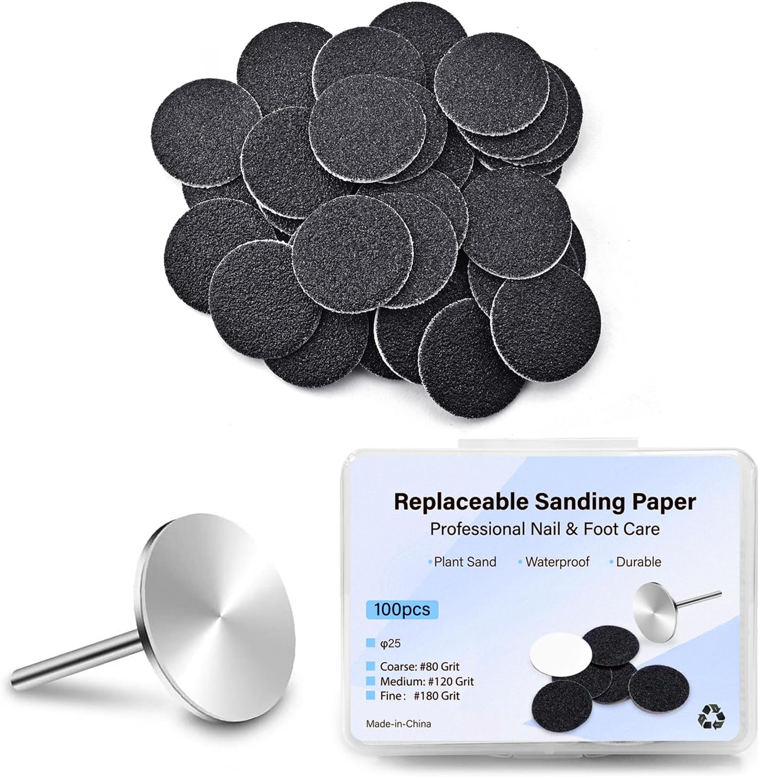 100pcs Foot File Sandpaper Disc with 1 Metal Shaft Replaceable Sanding Pads for Electric Foot Rasp Files Callus Cuticle Hard Dead Skin Removal Pedicure Tools,HJ-NF037 (80 Grit)