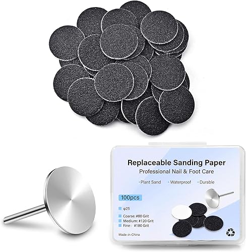 100 discos de papel de lija con 1 eje de metal, almohadillas de lijado reemplazables para limas eléctricas de pies, cutículas de callos, cutículas y