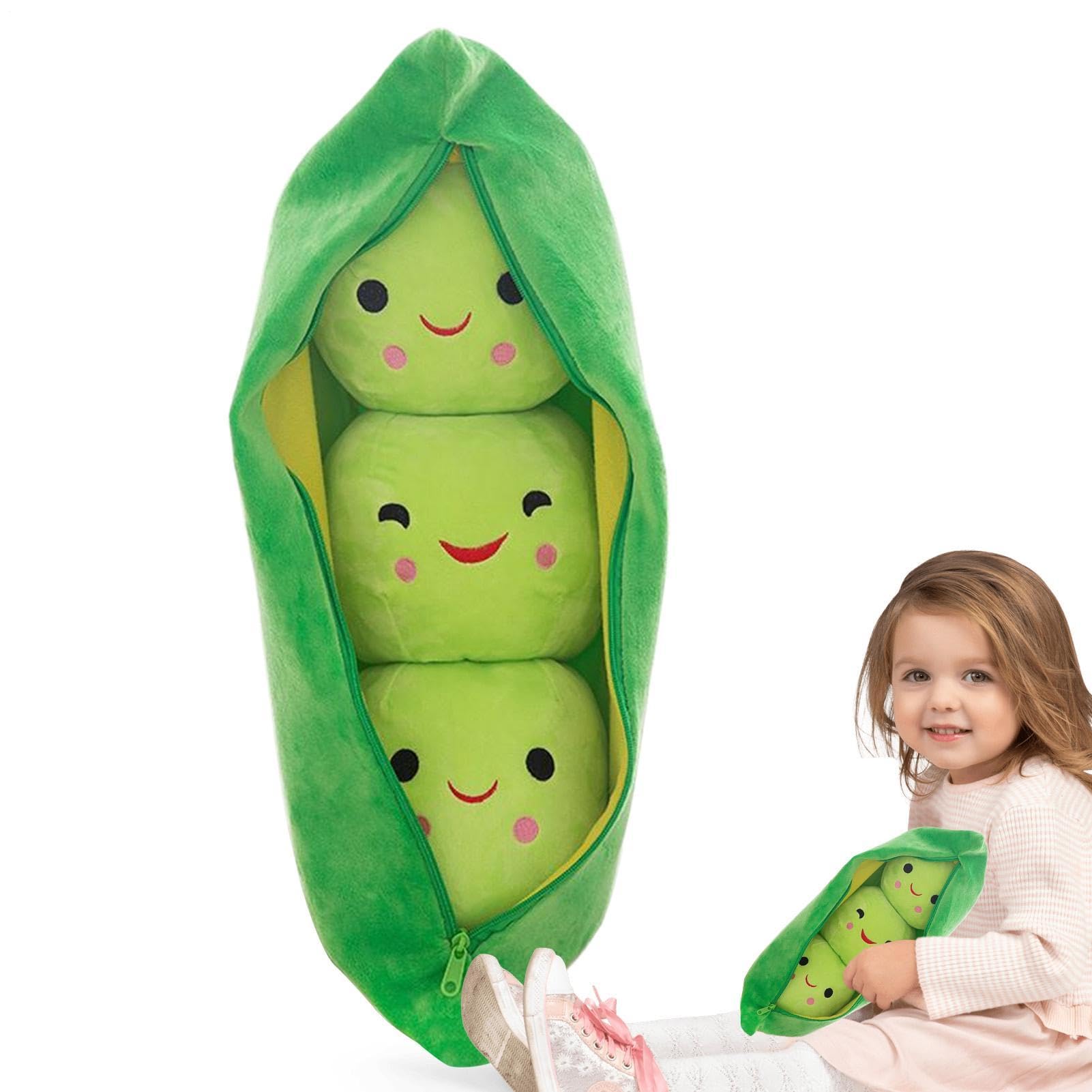 Stuffed Pea Pod, 3 Peas-in-A-Pod Pea Plush Pillow, Soft Comfortable Plant Doll Toy with Face Expression, Cute Cartoon Peas Stuffed Toys with Zipper, for Kids Room Sofa Car