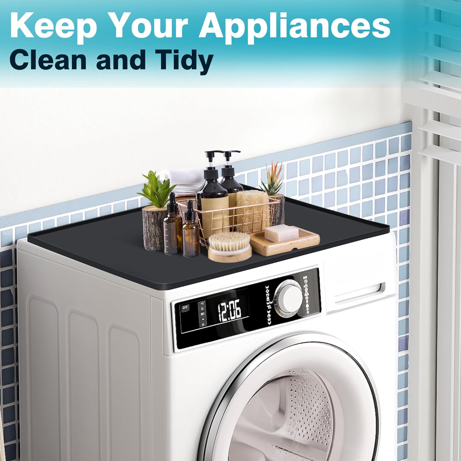 27'' x 27'' Washer and Dryer Covers for the Top, Non-slip Silicone Washer Dryer Top Protector for Washing Machine, Waterproof Washer Dryer Countertop for Laundry Kitchen Home (Black)